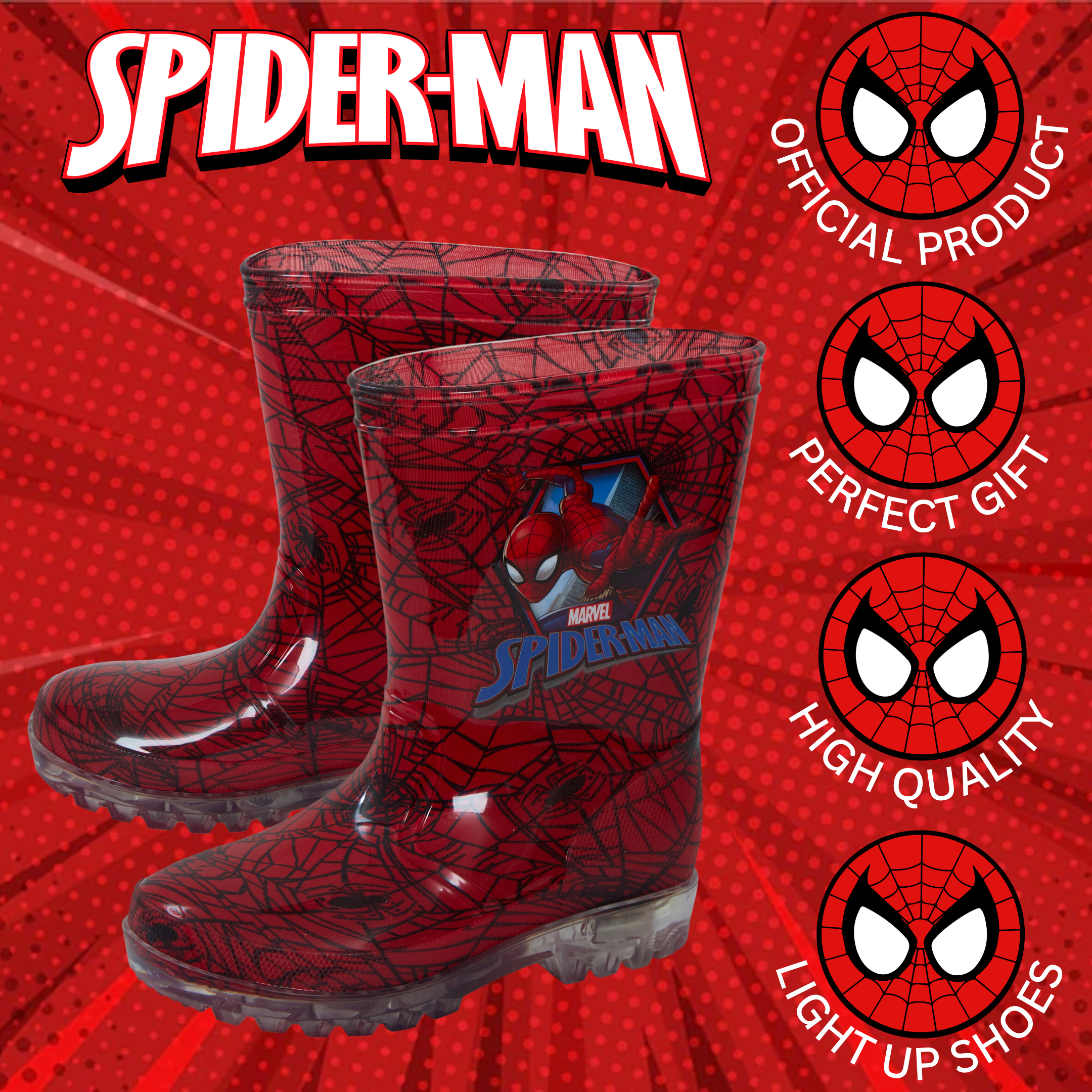 Marvel Spiderman Light Up Wellington Boots Kids Flashing Rain Snow Shoes Wellies