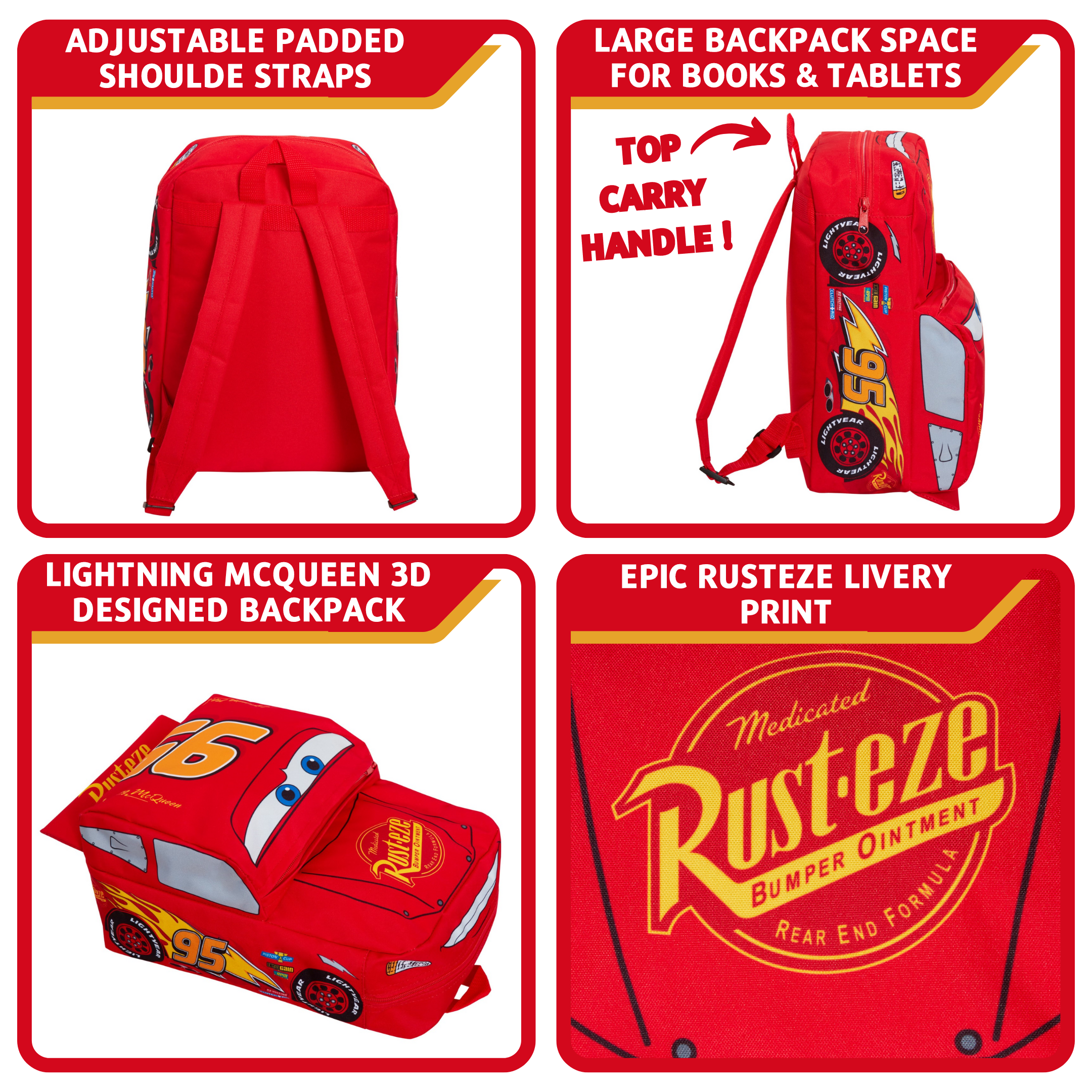 Disney Cars Boys 3D Backpack Kids Lightning McQueen School Lunch Bag Rucksack Red 95
