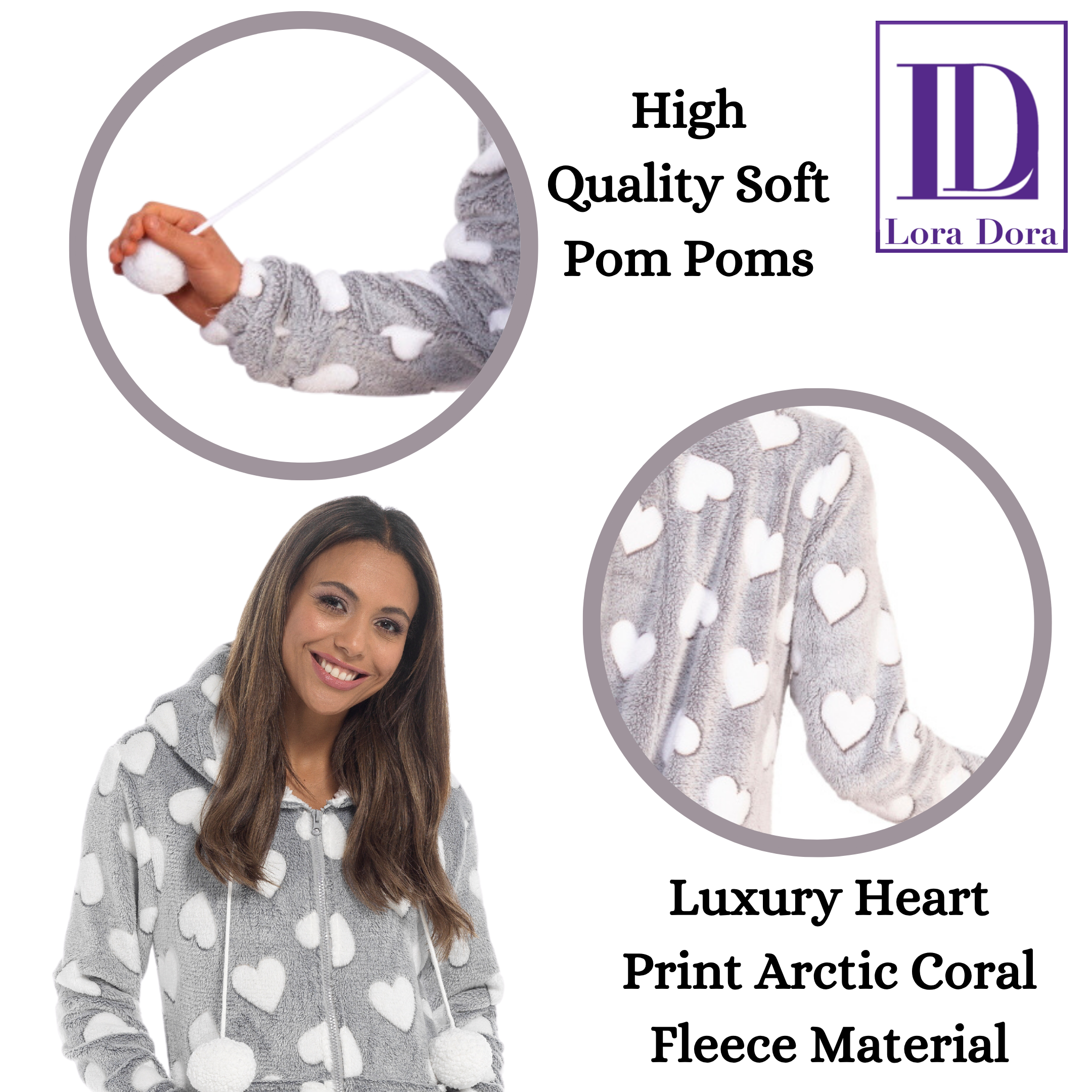Womens Luxury Heart Print All In One Novelty Fleece Hooded Ladies Pjs 1Onesie