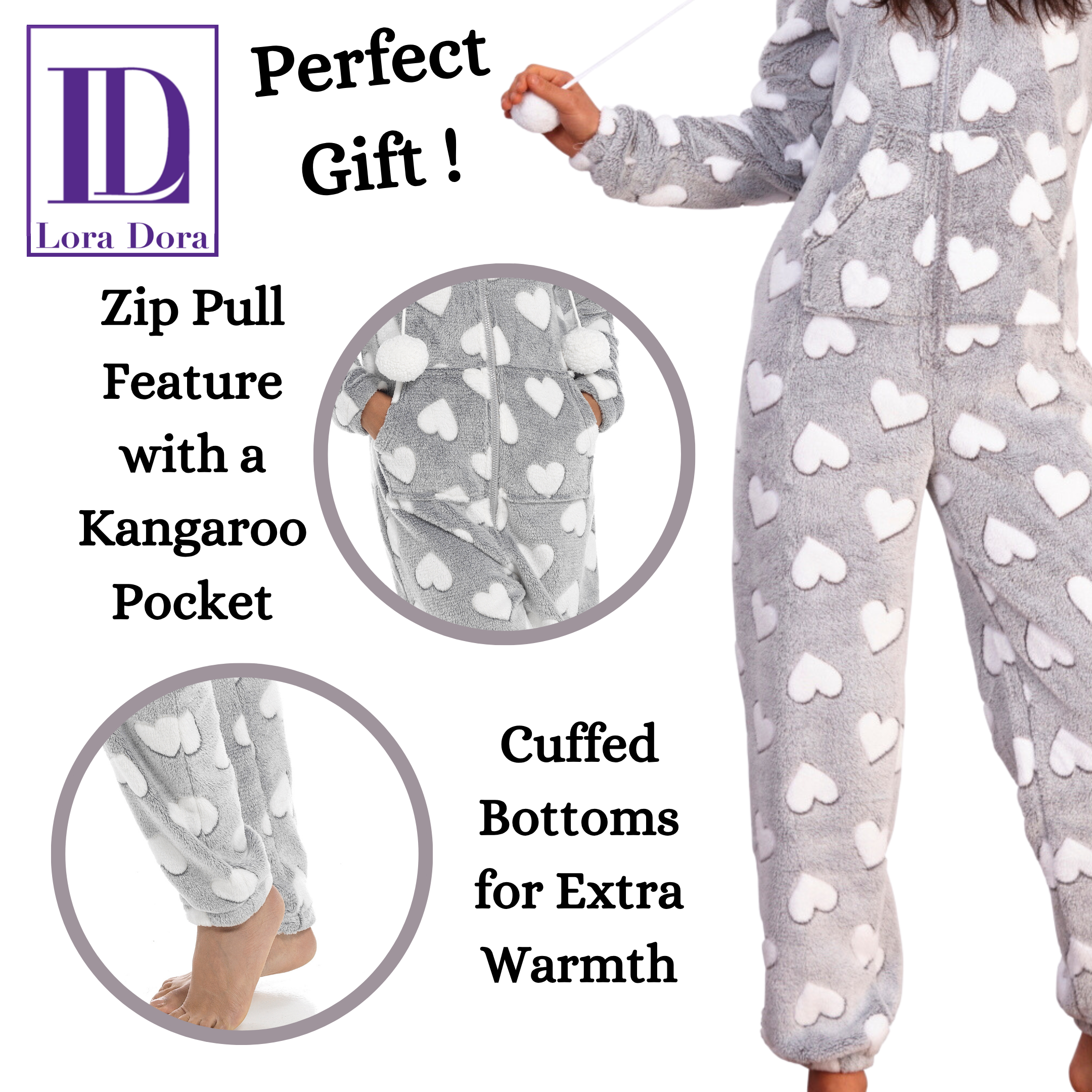 Womens Luxury Heart Print All In One Novelty Fleece Hooded Ladies Pjs 1Onesie