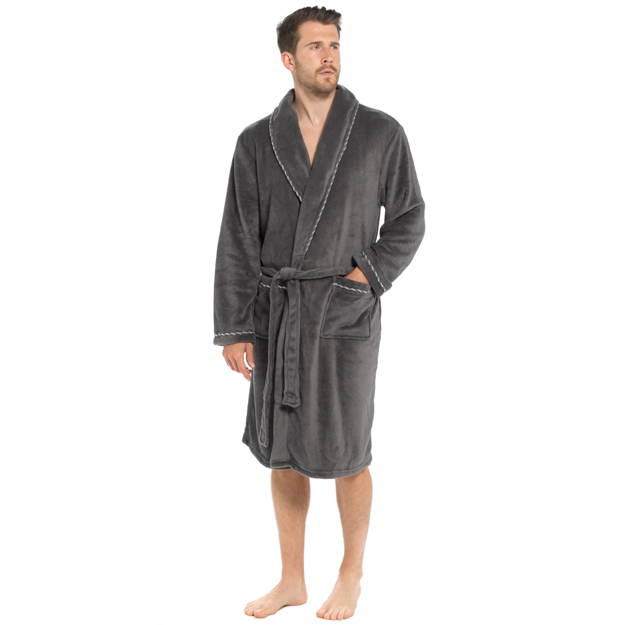 Mens Luxury Fleece Bathrobe Dressing Gown Hooded Bath Robe or Collar Housecoat