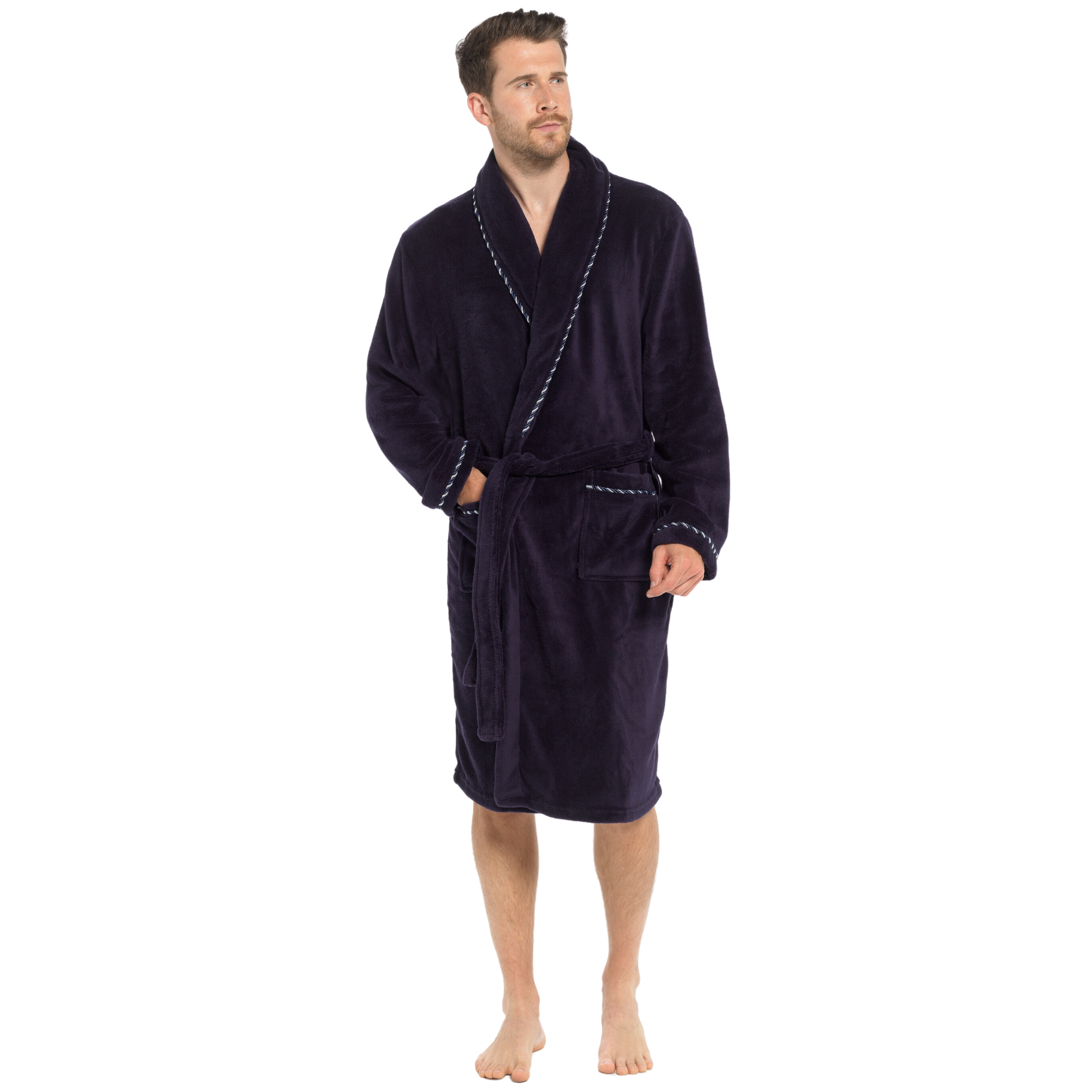 Mens Luxury Fleece Bathrobe Dressing Gown Hooded Bath Robe or Collar Housecoat