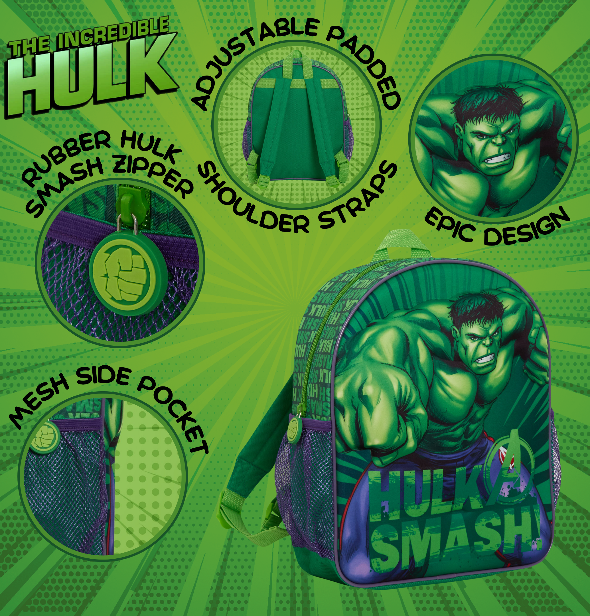Boys 3D Incredible Hulk Backpack Kids Marvel Avengers School Travel Rucksack Bag