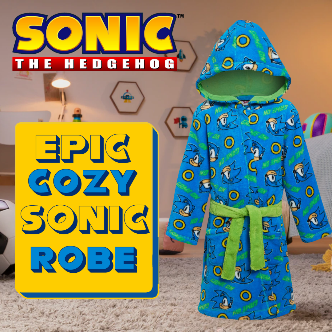 Boys Sonic The Hedgehog Dressing Gown Kids Sega Fleece Hooded Bathrobe Housecoat