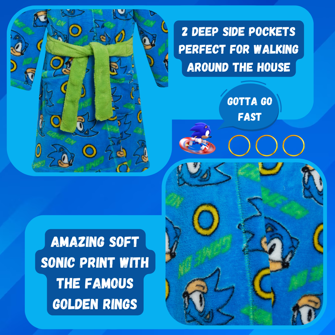 Boys Sonic The Hedgehog Dressing Gown Kids Sega Fleece Hooded Bathrobe Housecoat