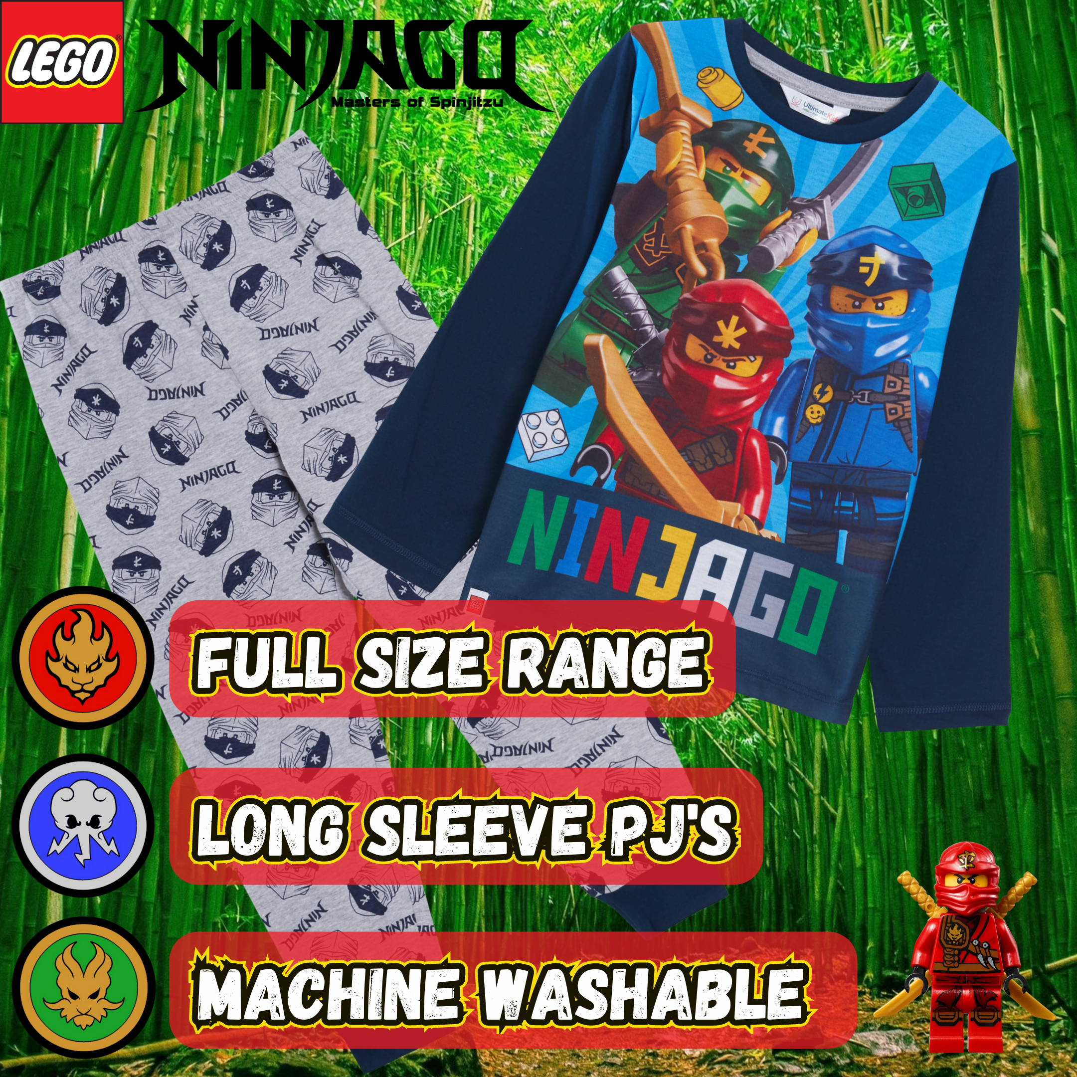 Boys Lego Ninjago Pyjamas For Kids Full Length Pjs Set T-Shirt + Loungepants Set