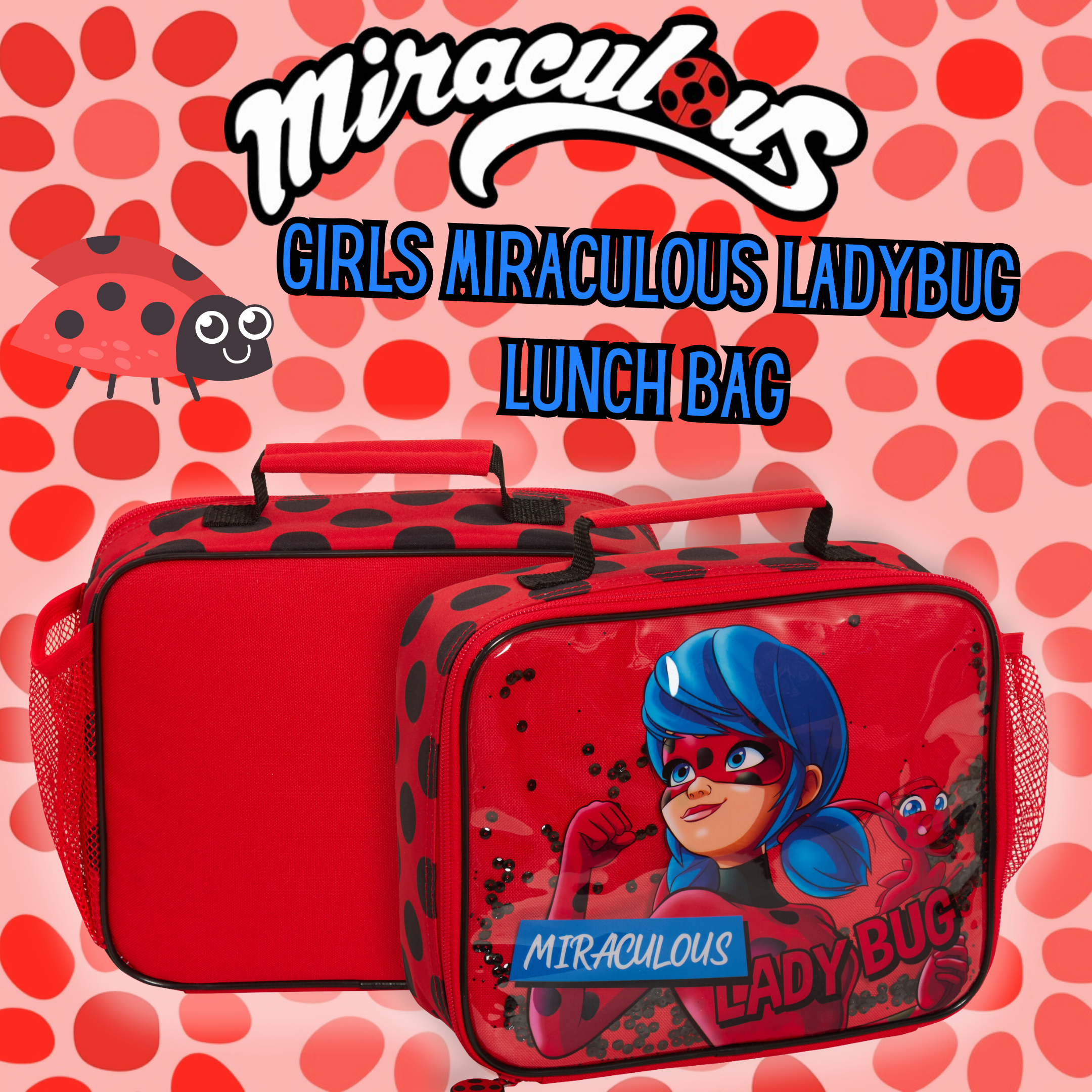 Miraculous Lunch Bag Girls Red Ladybug Sequins School Cooler Lunch Box for Kids