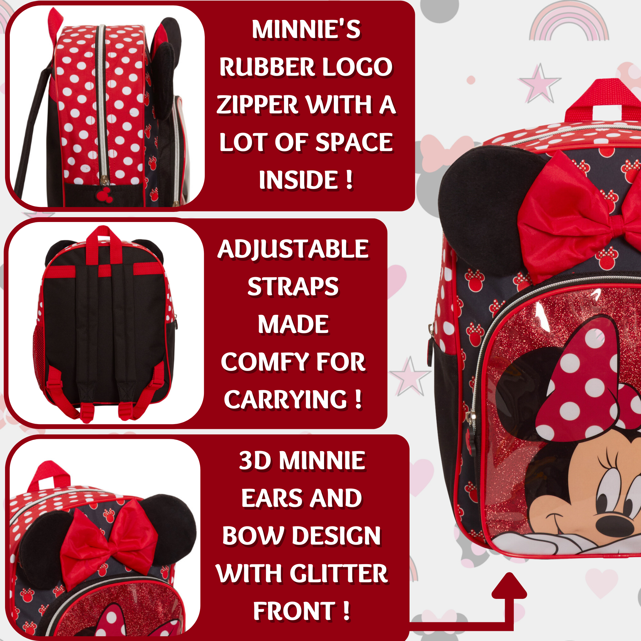Minnie Mouse Girls Backpack Kids Disney School Nursery Rucksack Lunch Book Bag