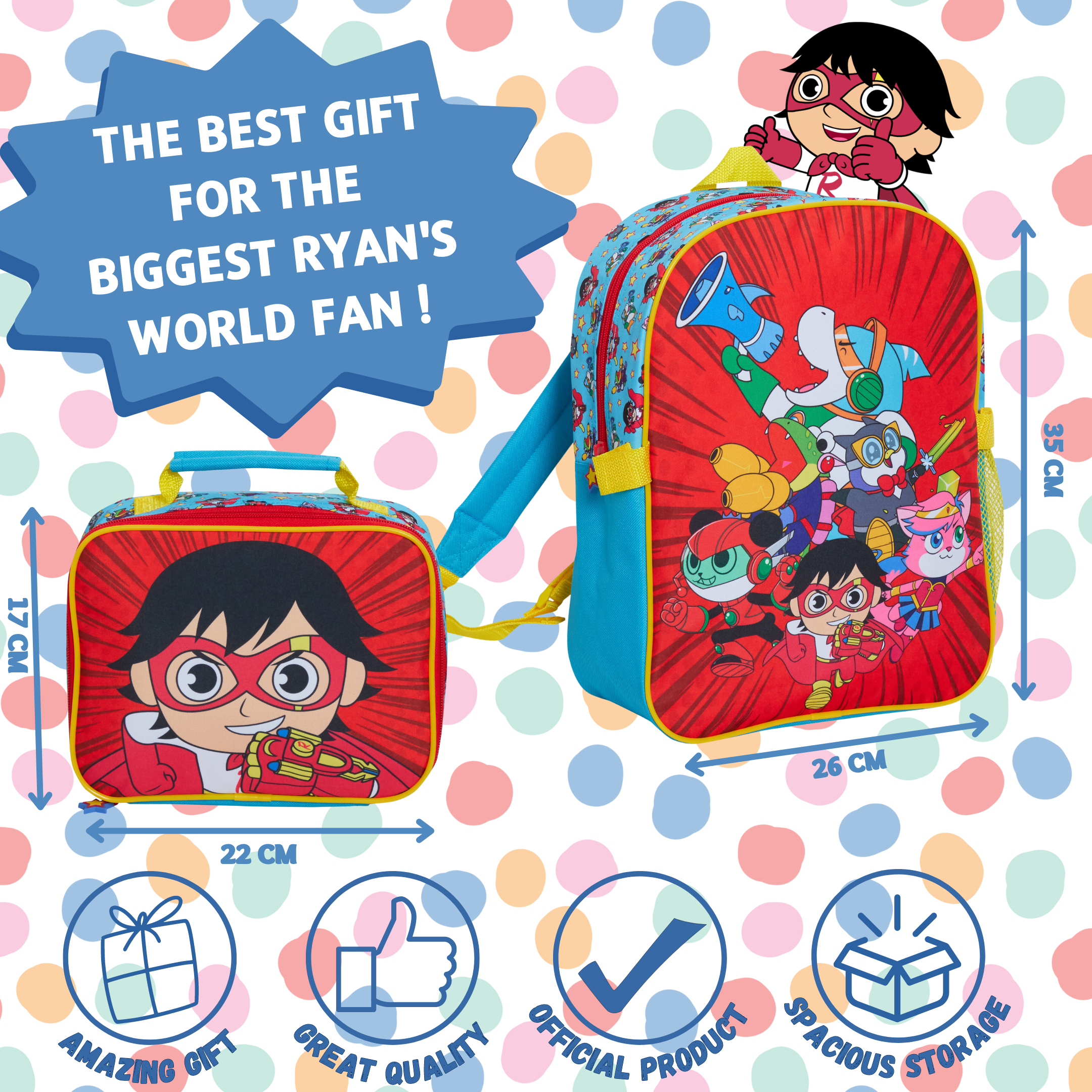 Ryans World Backpack With Lunch Bag Kids Boys School Matching Detachable Bag Set