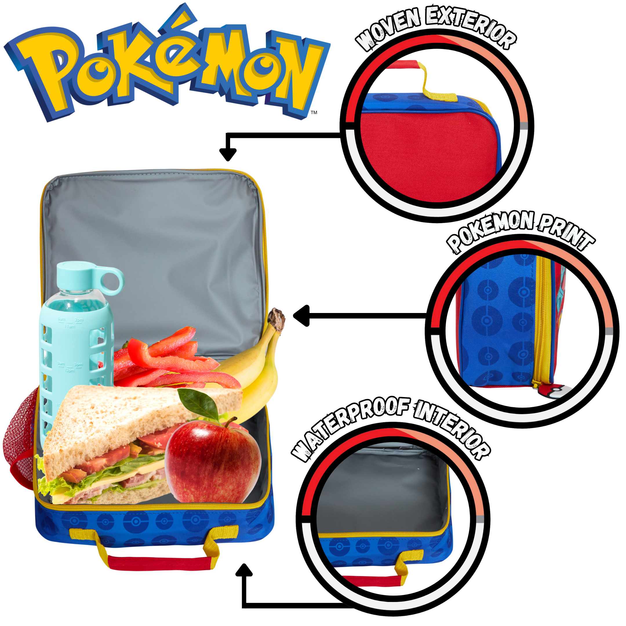 Pokemon Lunch Bag With Side Bottle Holder Kids Pikachu School Insulated Luchbox
