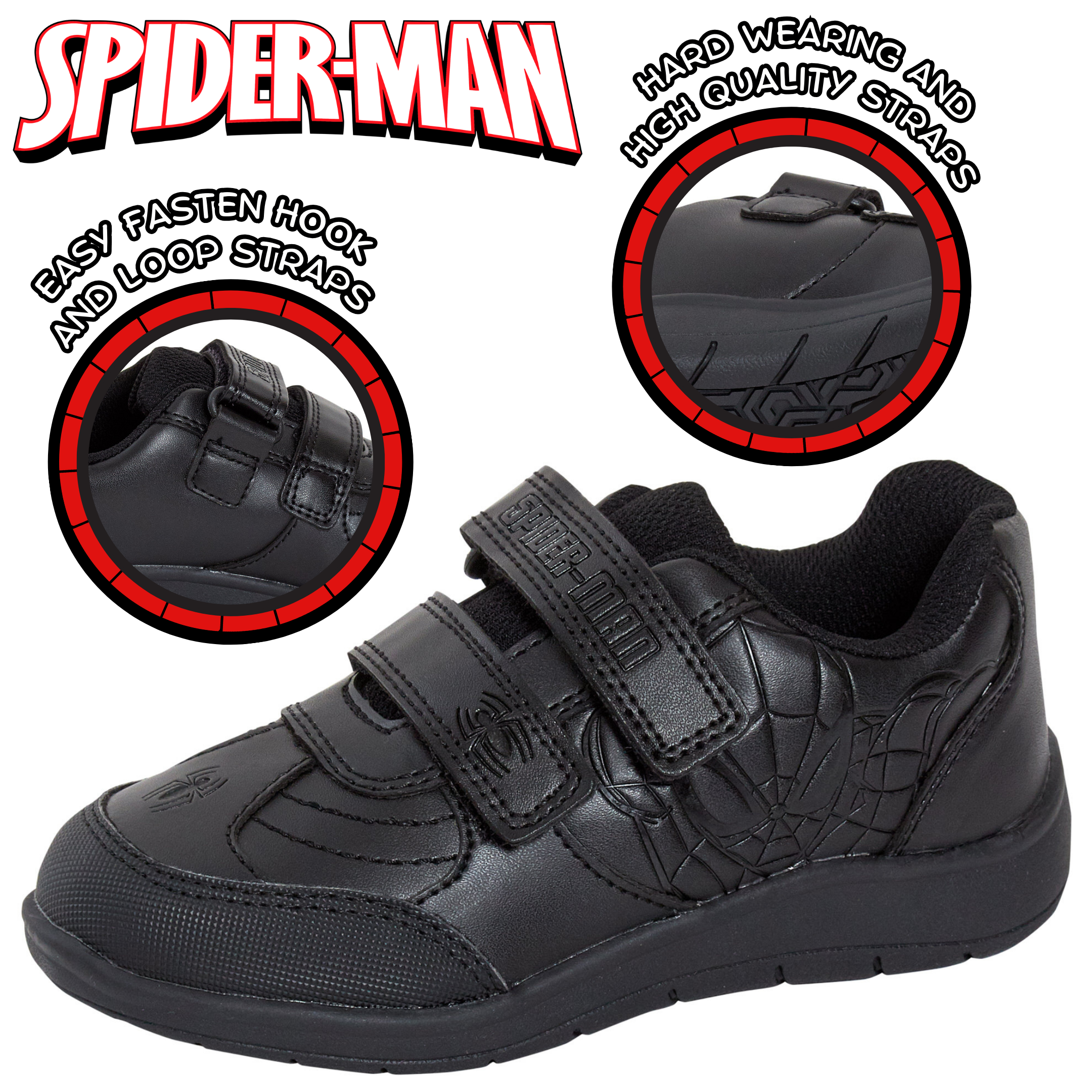 Spiderman Boys School Shoes For Kids Black Trainers Shoes Easy Touch Fastening