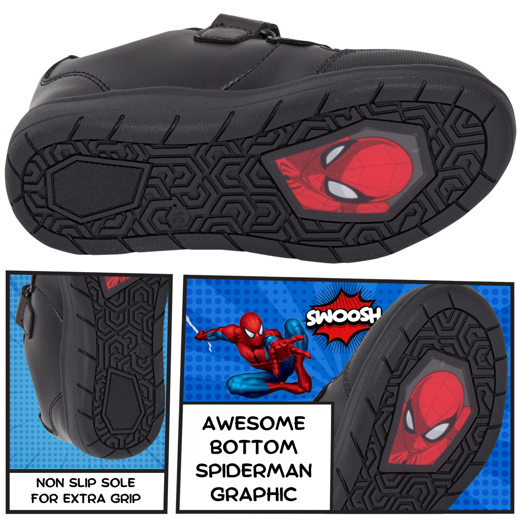 Spiderman Boys School Shoes For Kids Black Trainers Shoes Easy Touch Fastening
