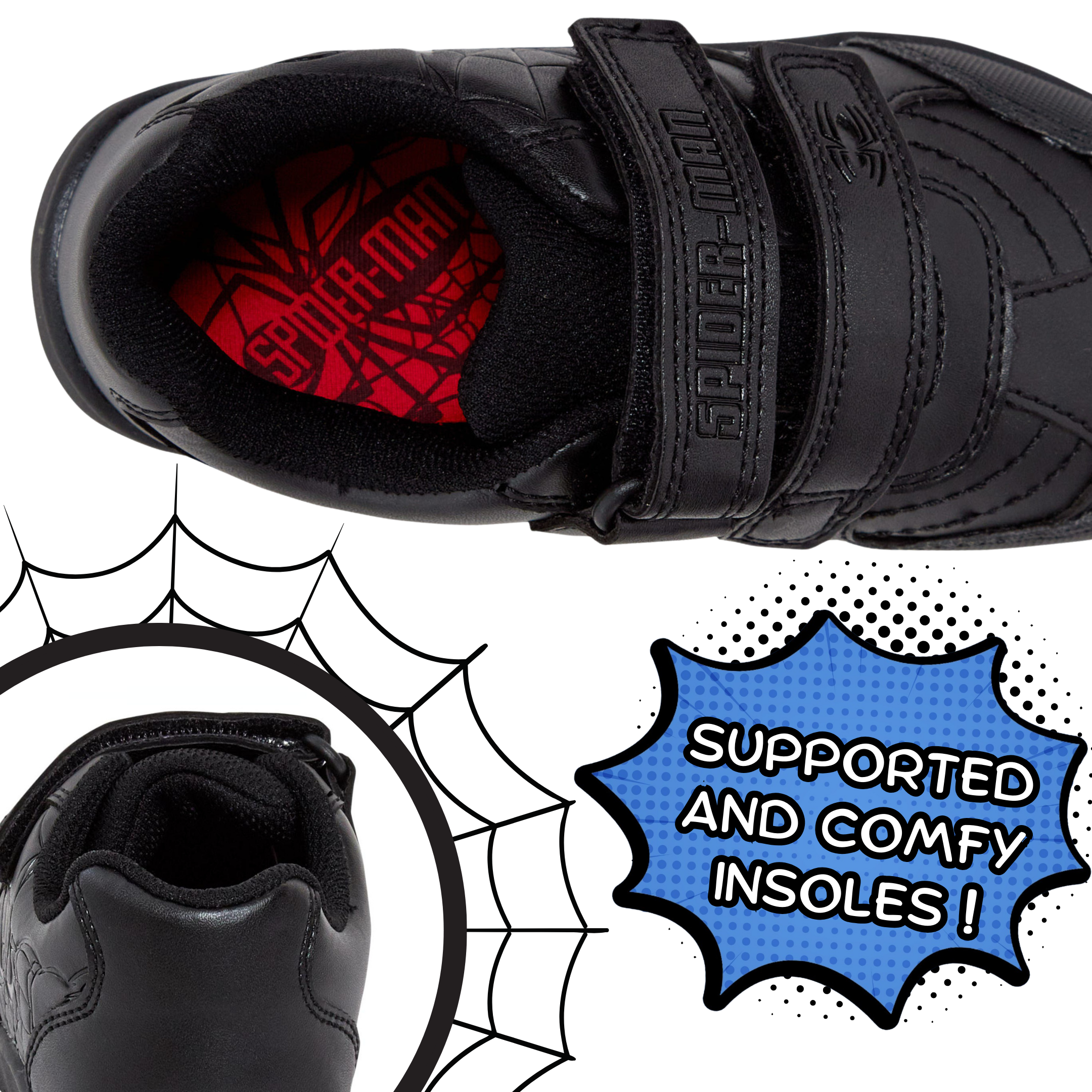 Spiderman Boys School Shoes For Kids Black Trainers Shoes Easy Touch Fastening