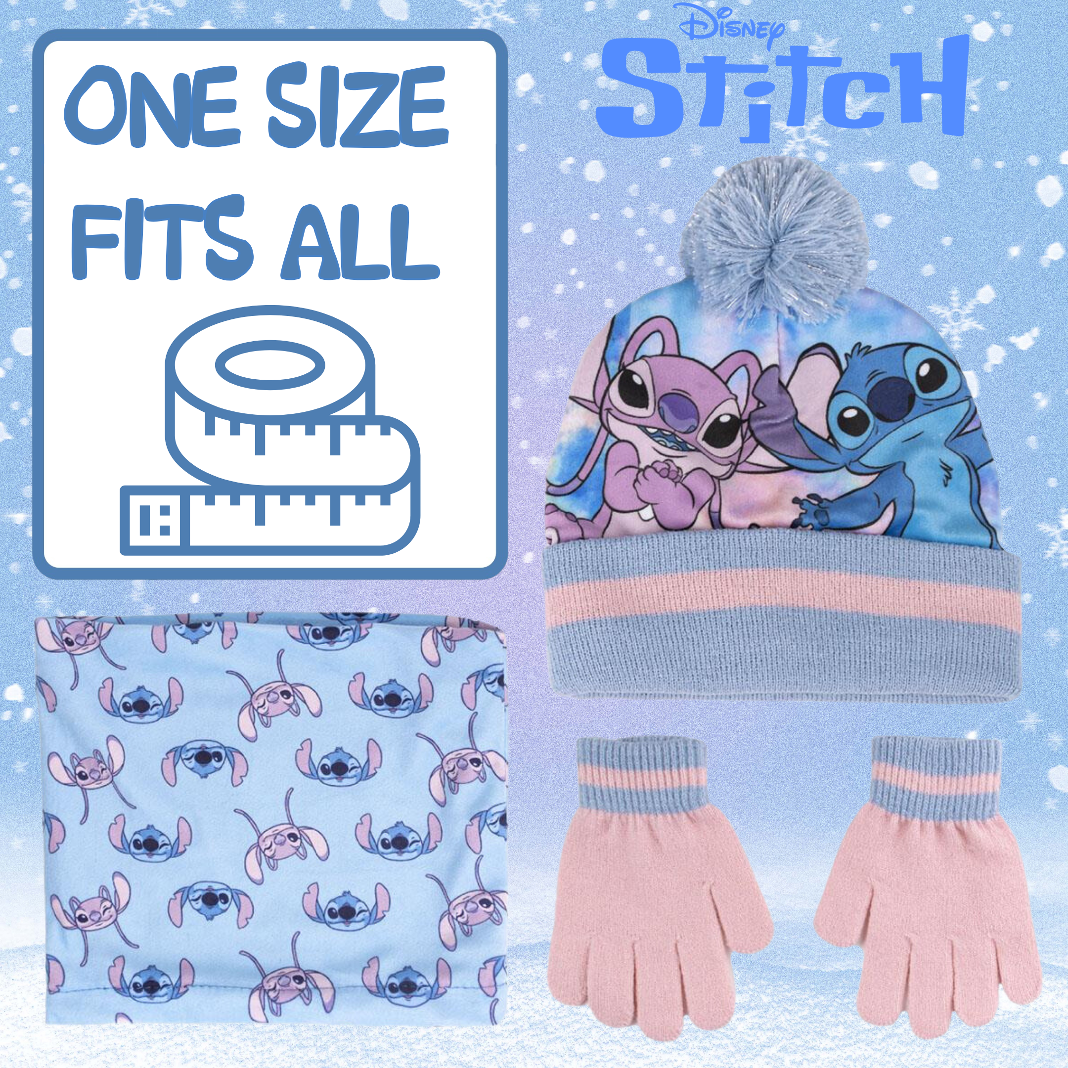 Disney Stitch & Angel Bobble Hat Snood Scarf + Gloves Set Girls 3 Pc Winter Set