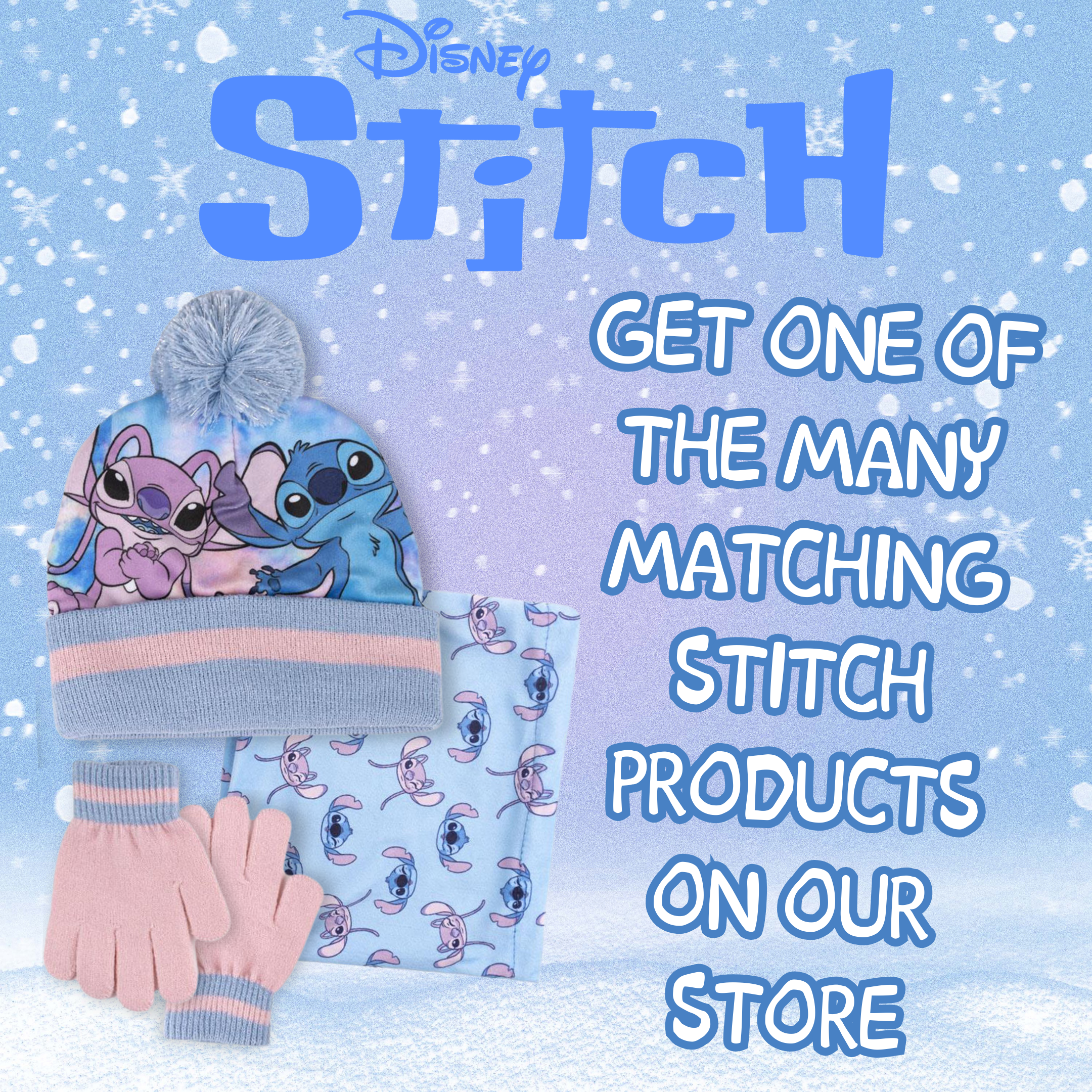 Disney Stitch & Angel Bobble Hat Snood Scarf + Gloves Set Girls 3 Pc Winter Set