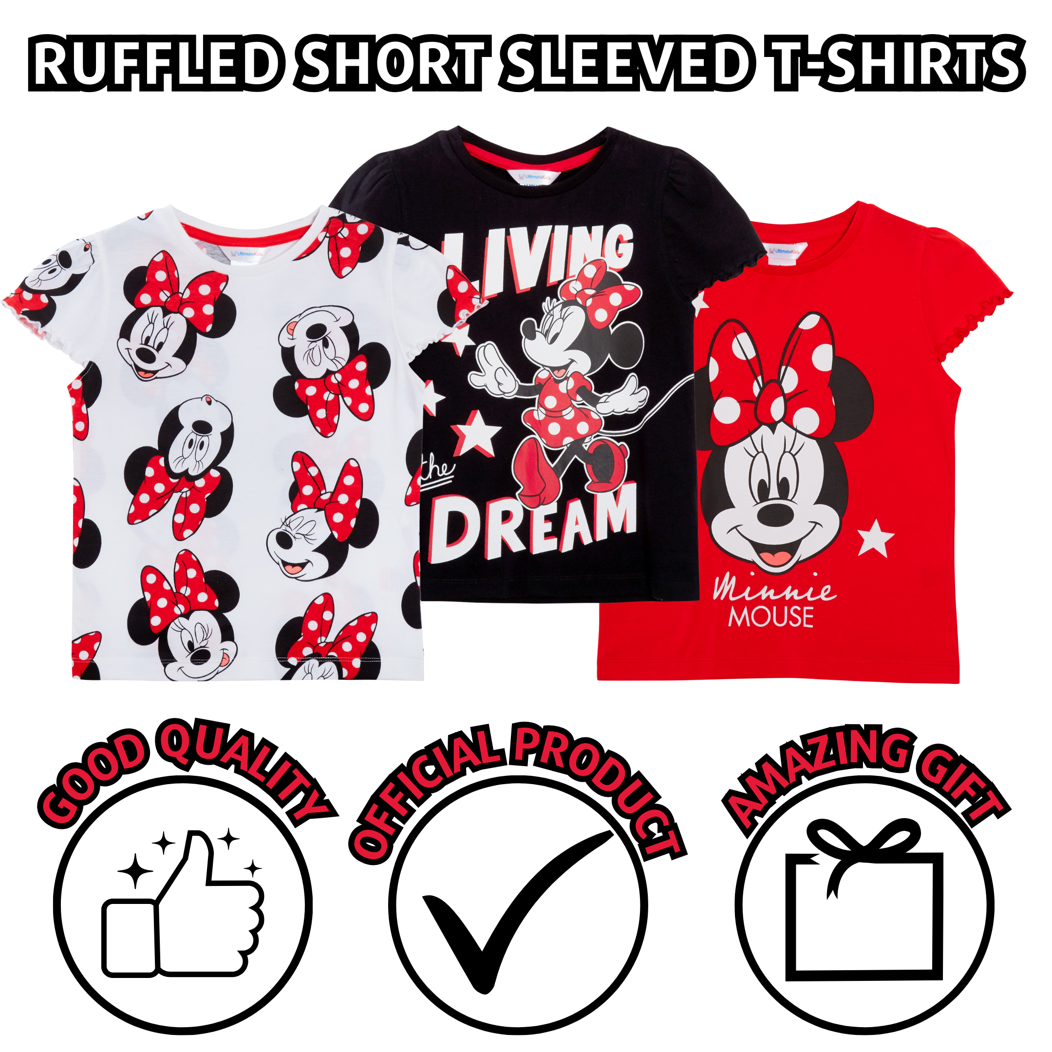 Girls 3 Pack Disney Minnie Mouse T-Shirts For Kids Disney Minnie Dress Up Tops