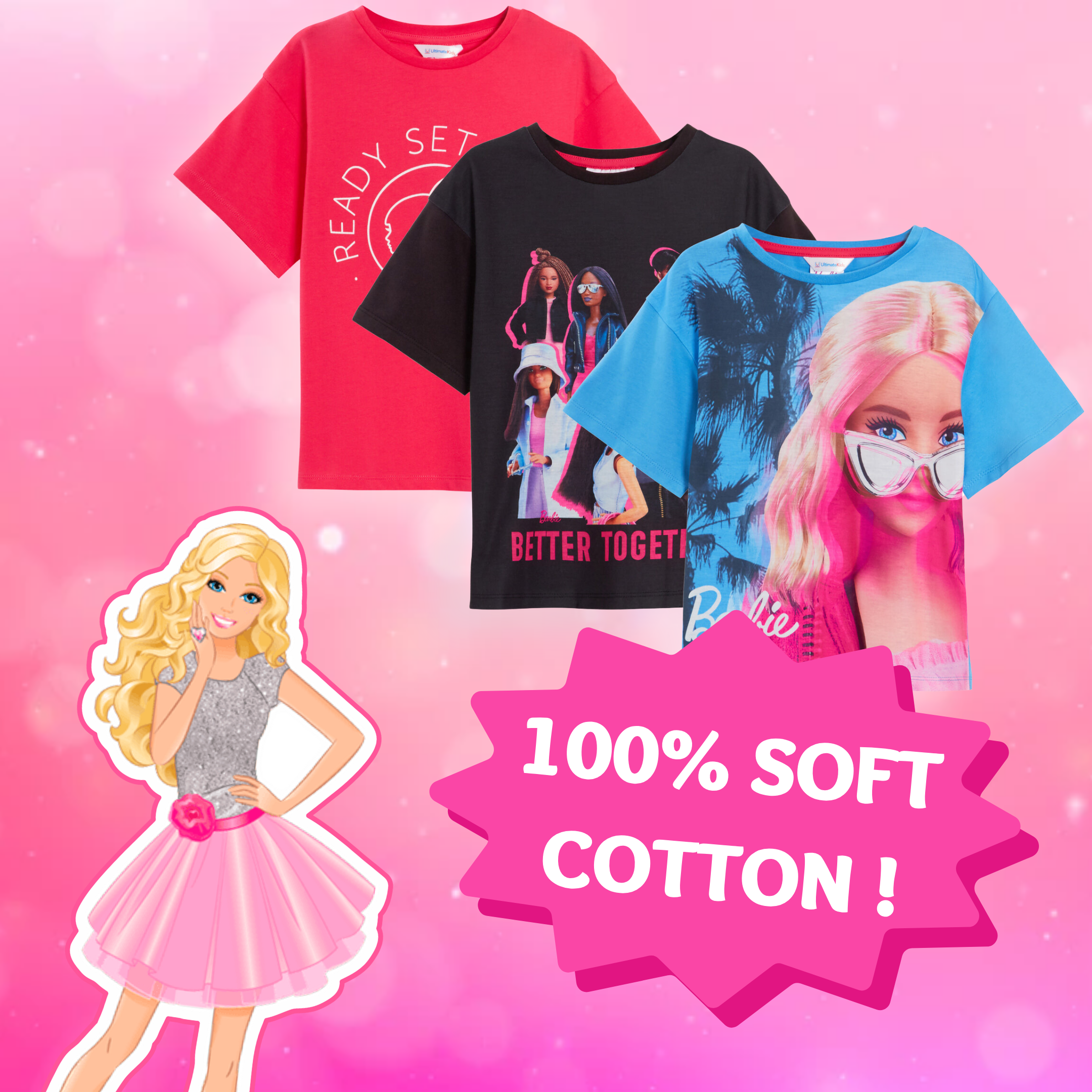 Girls 3 Pack Barbie T-Shirts Kids Cotton Tees Multipack Official Dress Up Tops