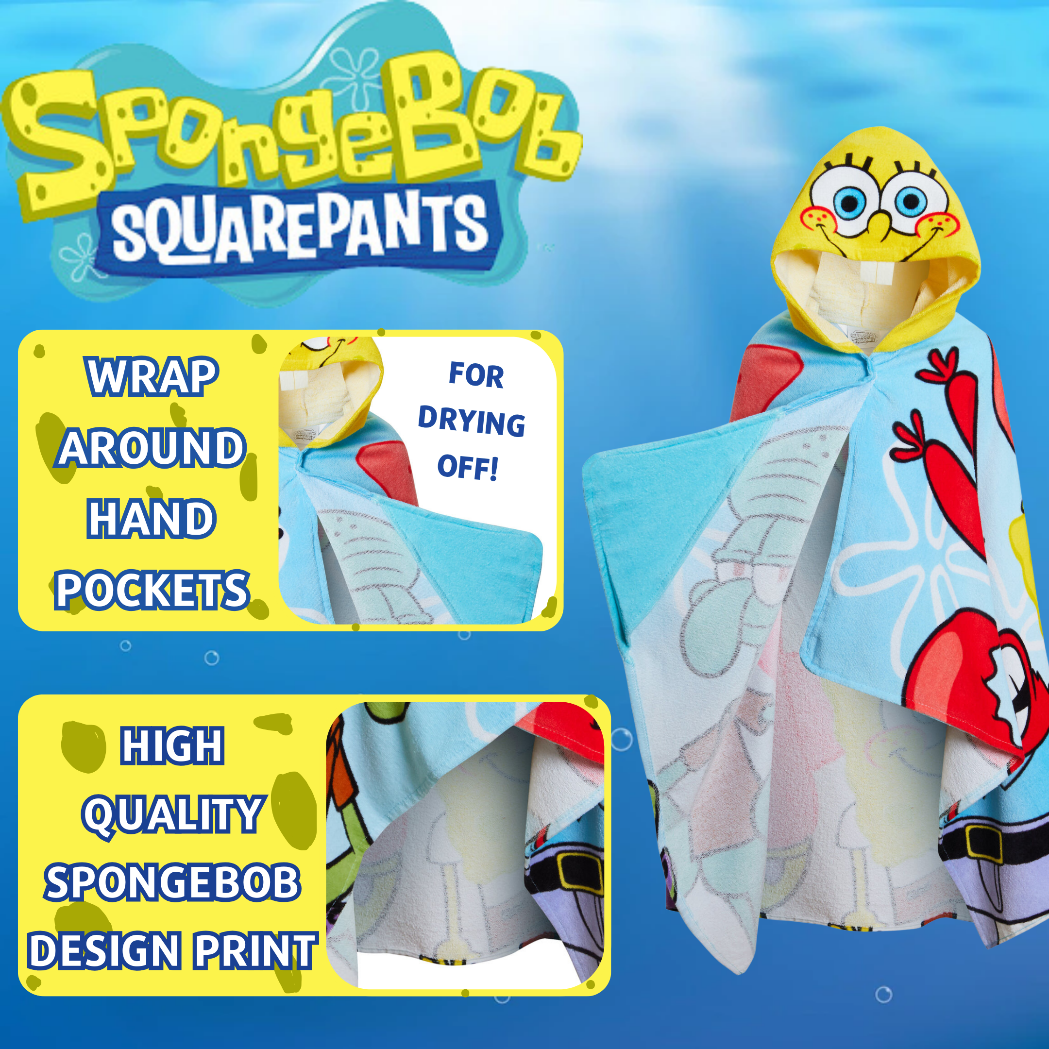 SpongeBob SquarePants Hooded Towel Kids Poncho Beach Bath Towel Swimming Wrap