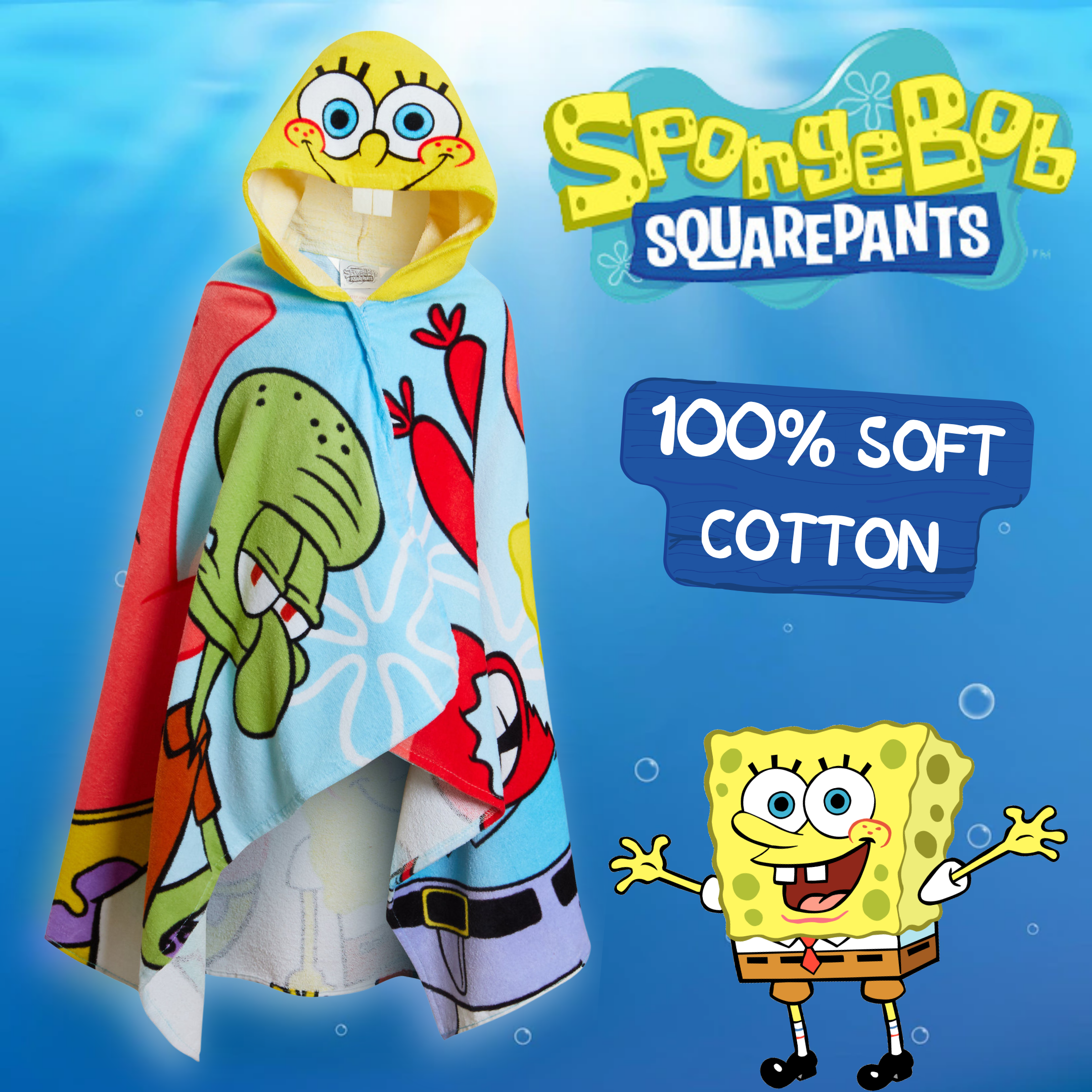 SpongeBob SquarePants Hooded Towel Kids Poncho Beach Bath Towel Swimming Wrap
