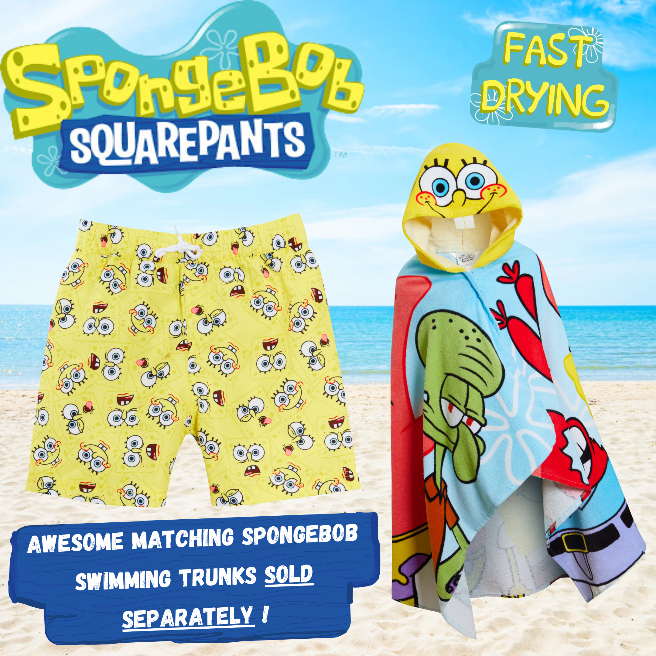 SpongeBob SquarePants Hooded Towel Kids Poncho Beach Bath Towel Swimming Wrap