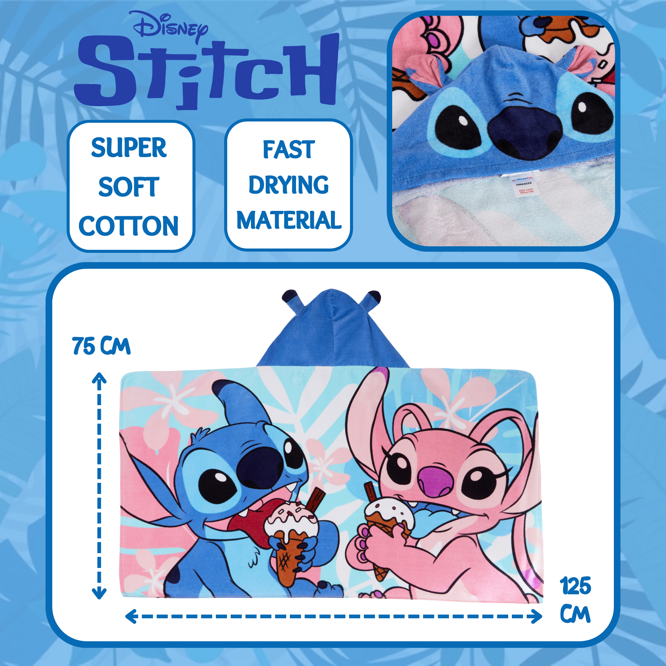 Disney Stitch Hooded Towel Girls Poncho Angel Bath Beach Towel Swimming Wrap