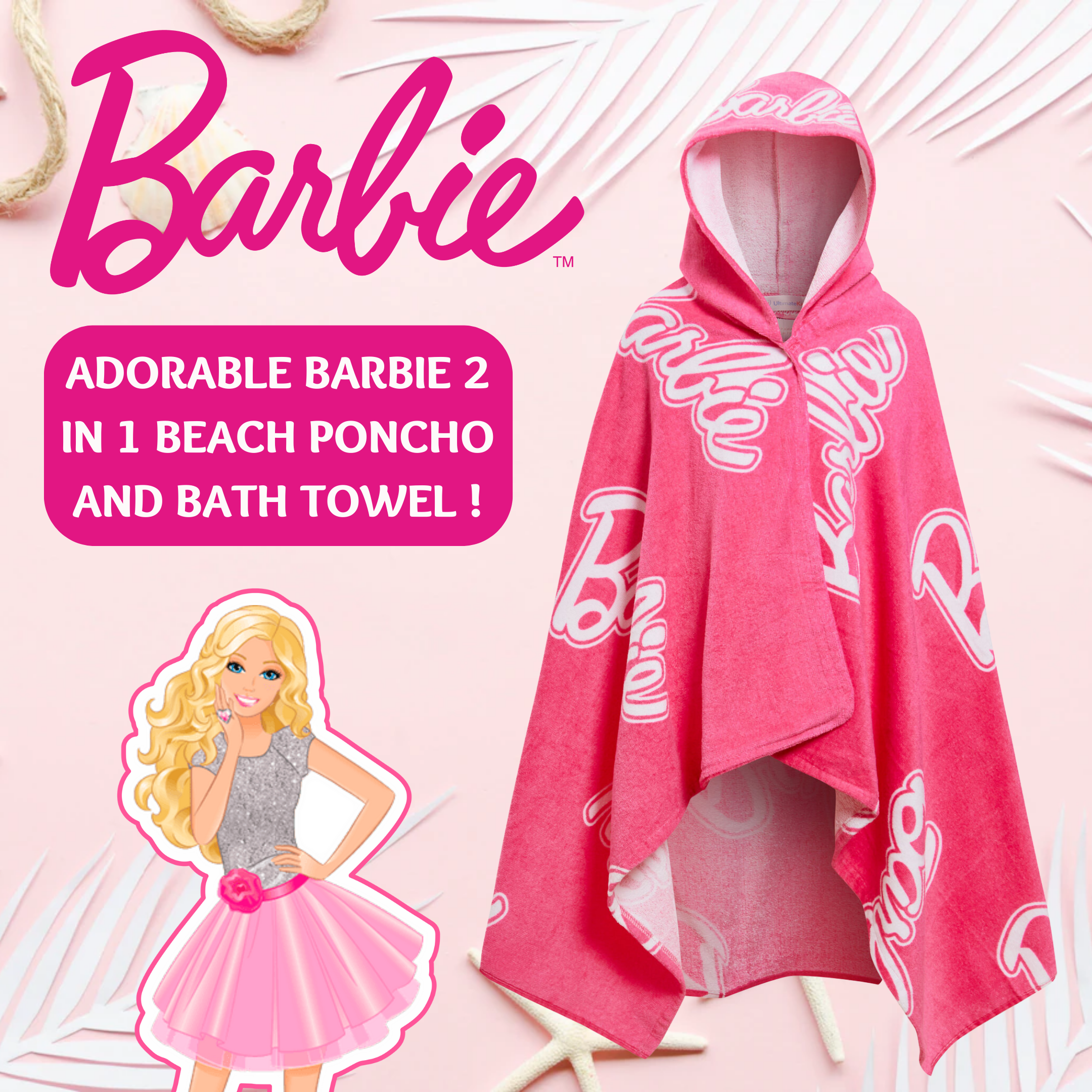 Girls Barbie Hooded Towel Kids Poncho Pink Beach Towel Bath Towel Swimming Wrap