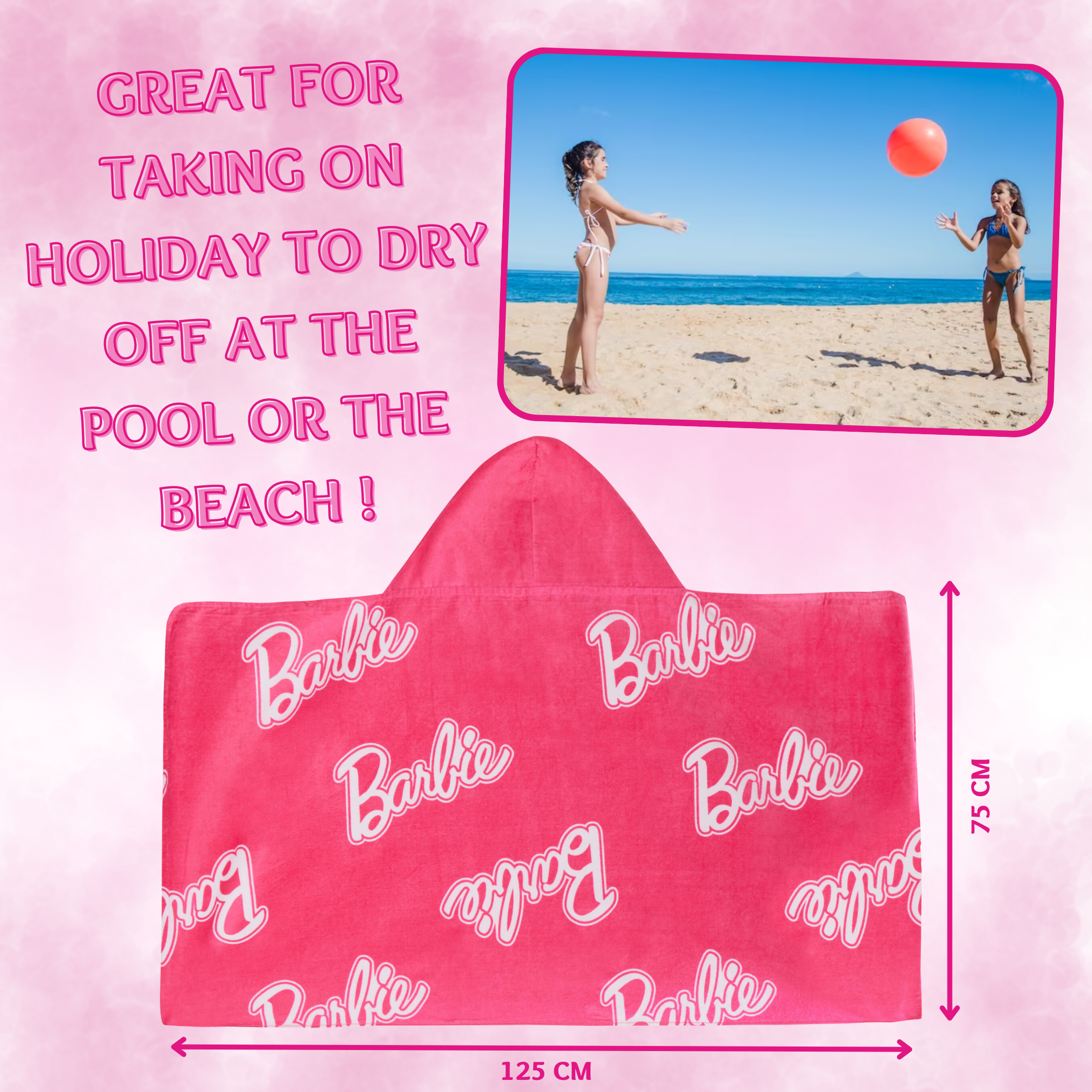 Girls Barbie Hooded Towel Kids Poncho Pink Beach Towel Bath Towel Swimming Wrap