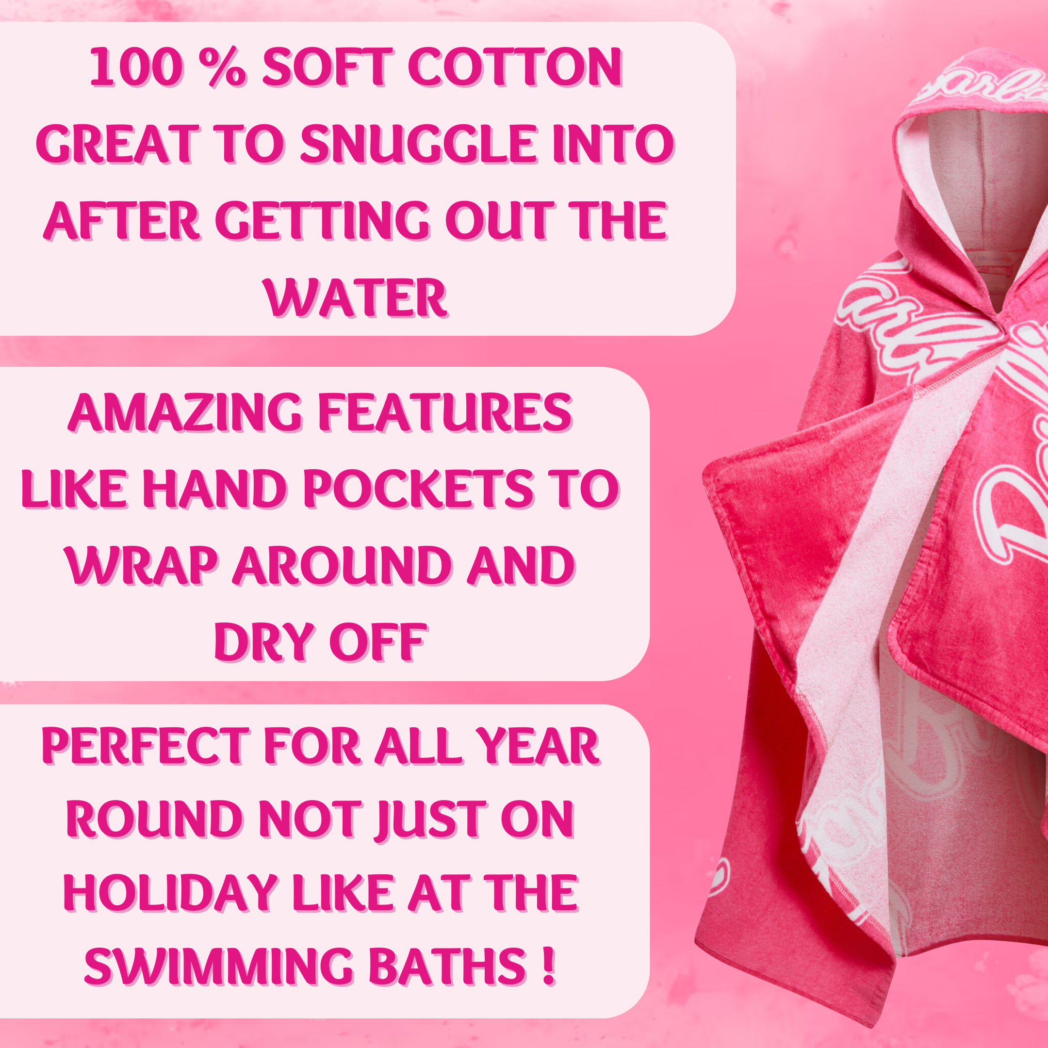 Girls Barbie Hooded Towel Kids Poncho Pink Beach Towel Bath Towel Swimming Wrap