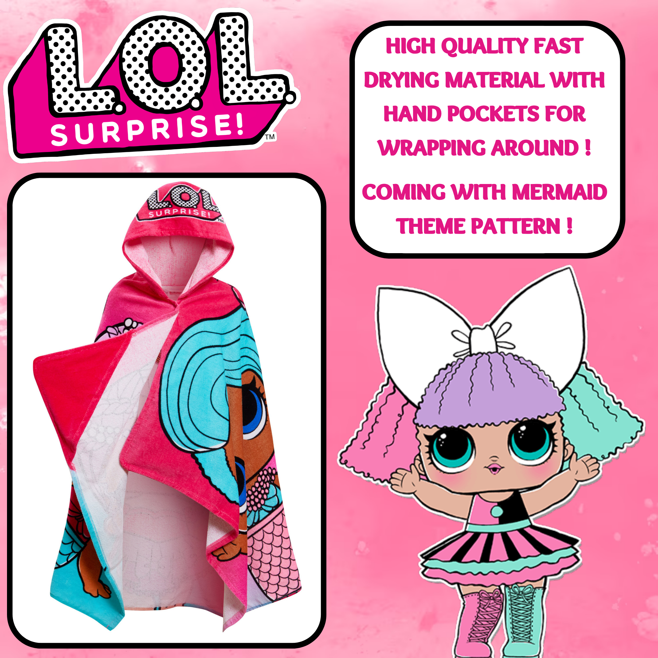 L.O.L Surprise! Dolls Hooded Towel Girls Poncho Cottton Beach Towel Bath Towel