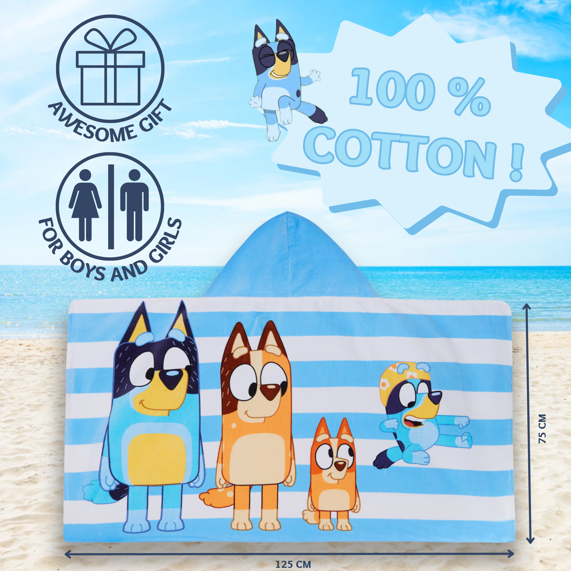 Bluey Hooded Towel Boys Girls Poncho Kids Beach Towel Bath Towel Swimming Wrap