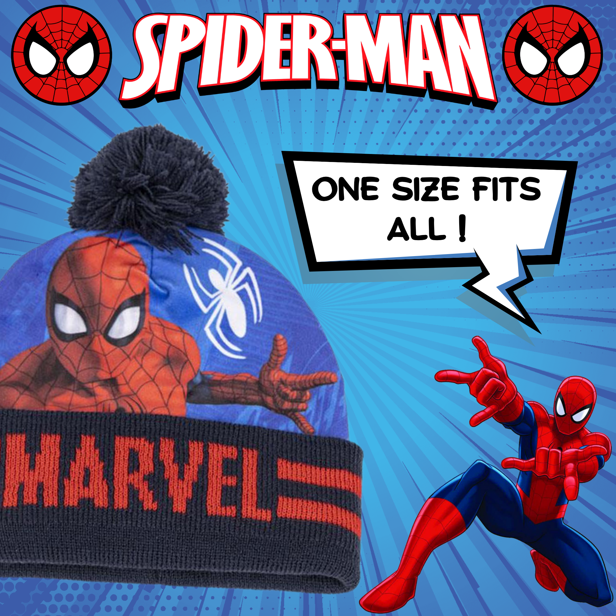 Marvel Spiderman Hat Snood & Gloves Set 3 Pcs Winter Set Bobble Hat Gift Set
