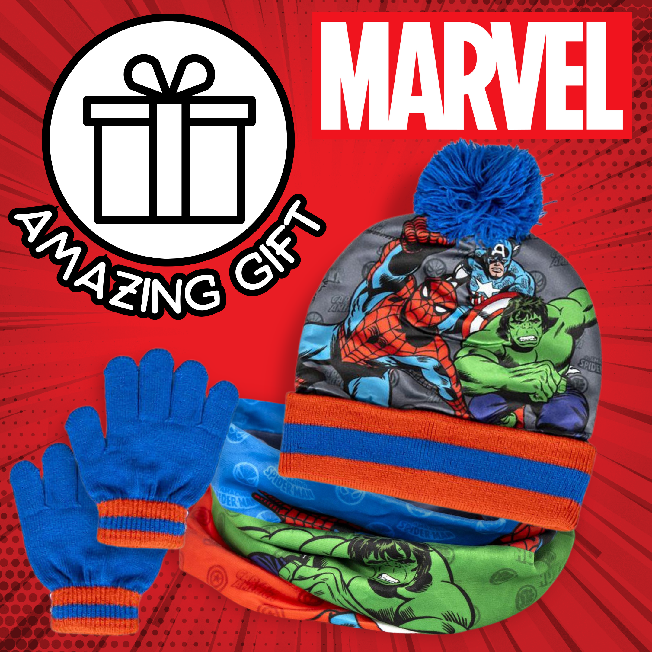 Boys Avengers Hat + Snood Scarf + Gloves Winter 3 Piece Set Kids Marvel Gift