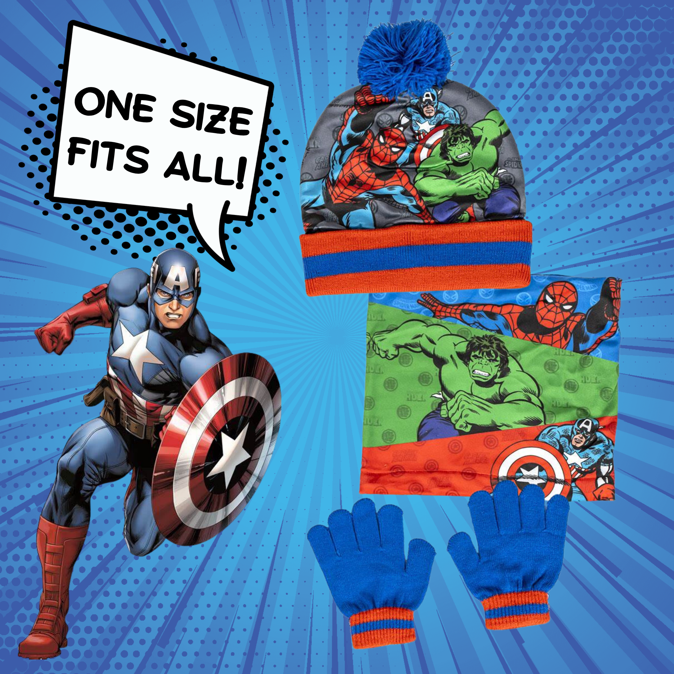 Boys Avengers Hat + Snood Scarf + Gloves Winter 3 Piece Set Kids Marvel Gift