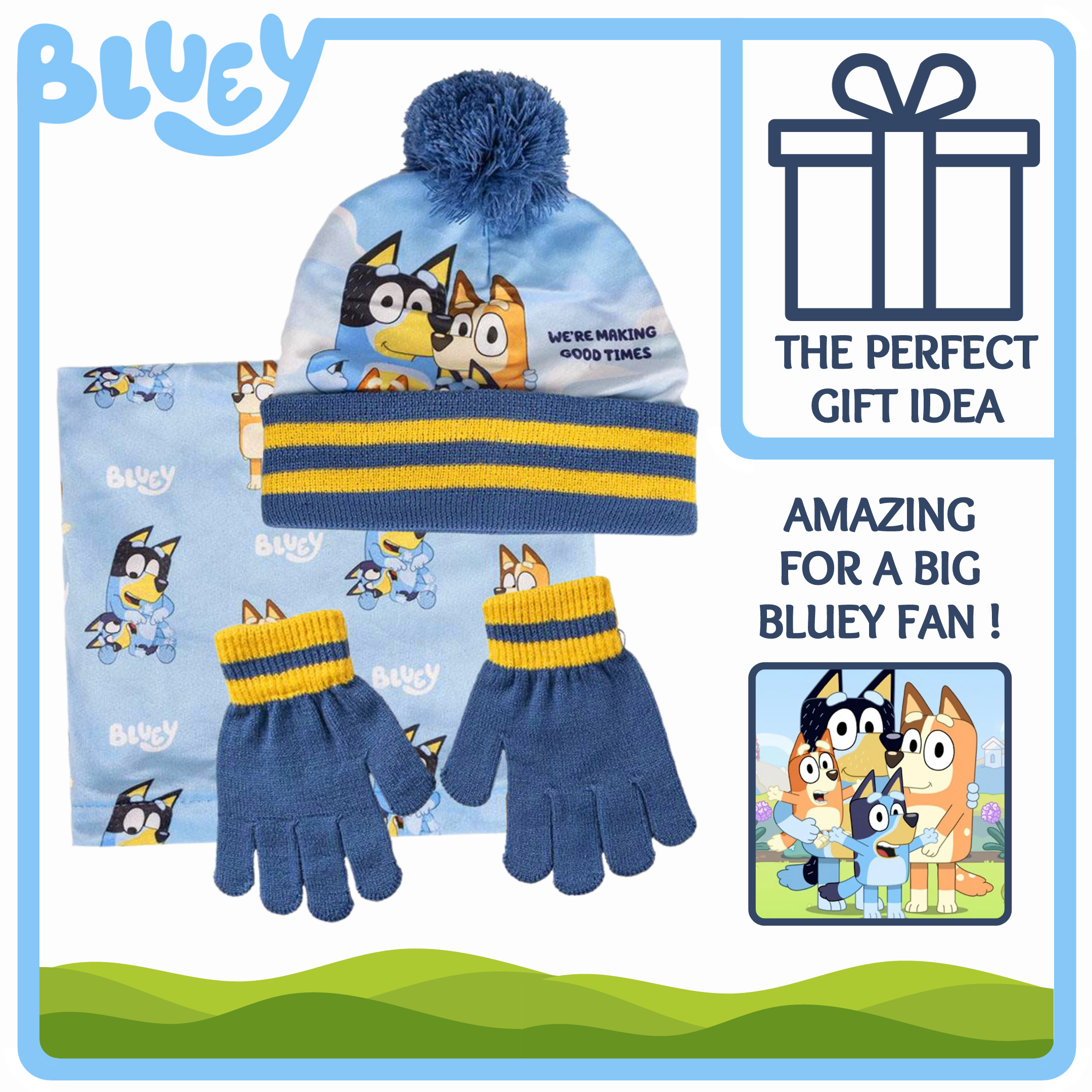 Bluey Bobble Hat + Snood Scarf + Gloves Set Boys Girls 3 Piece Winter Set Gift