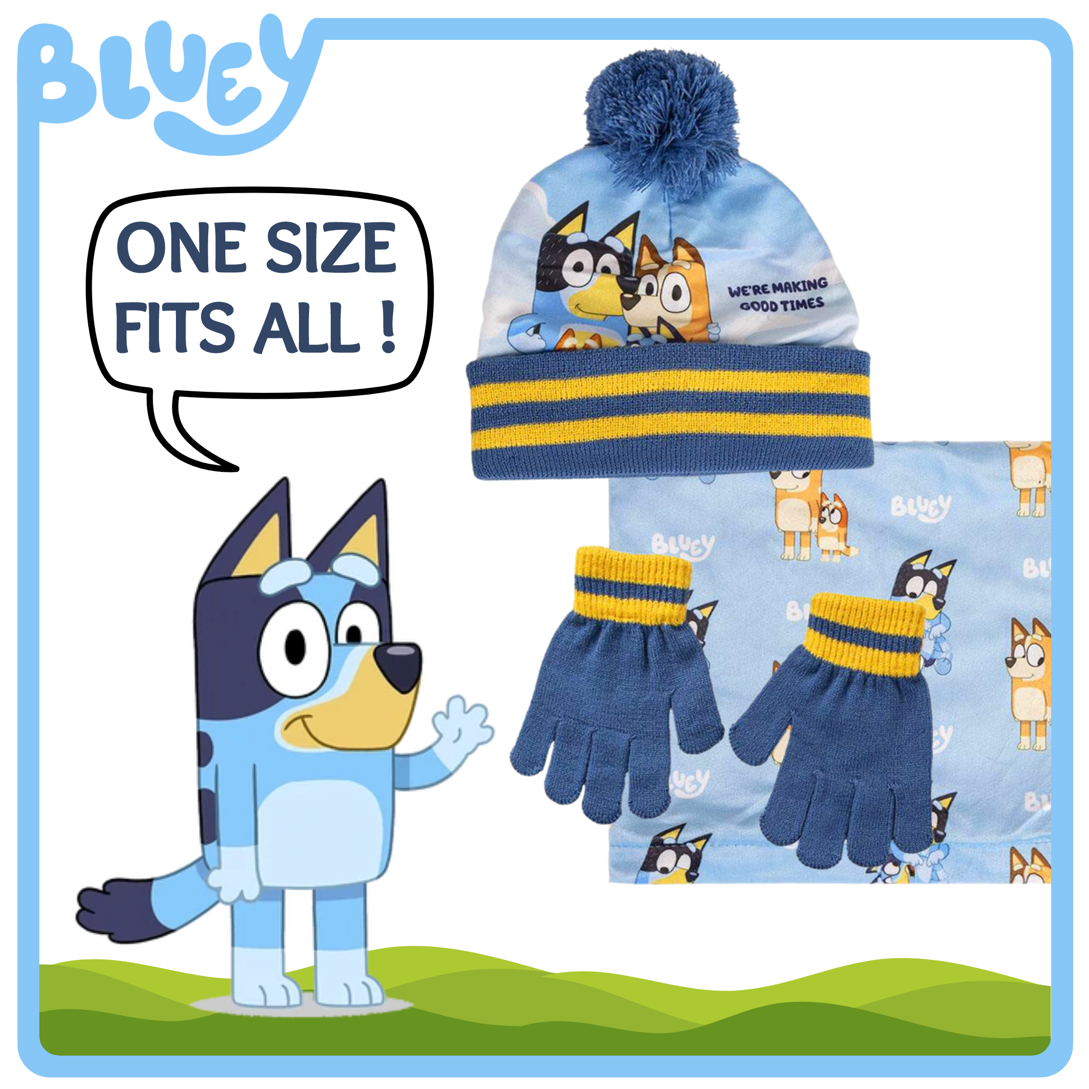 Bluey Bobble Hat + Snood Scarf + Gloves Set Boys Girls 3 Piece Winter Set Gift