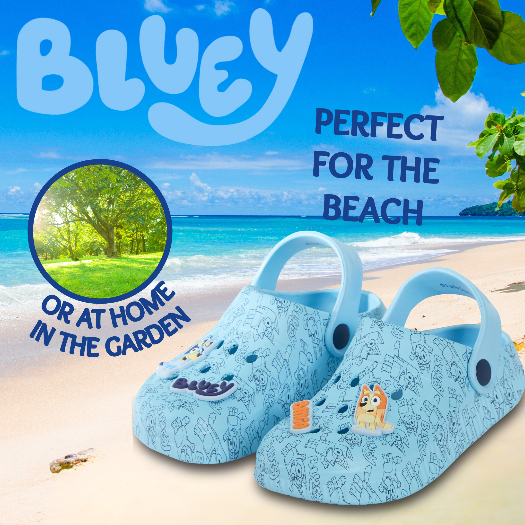 Girls Boys Bluey Clogs Sandals + Charms Kids Summer Sliders + Strap Beach Shoes