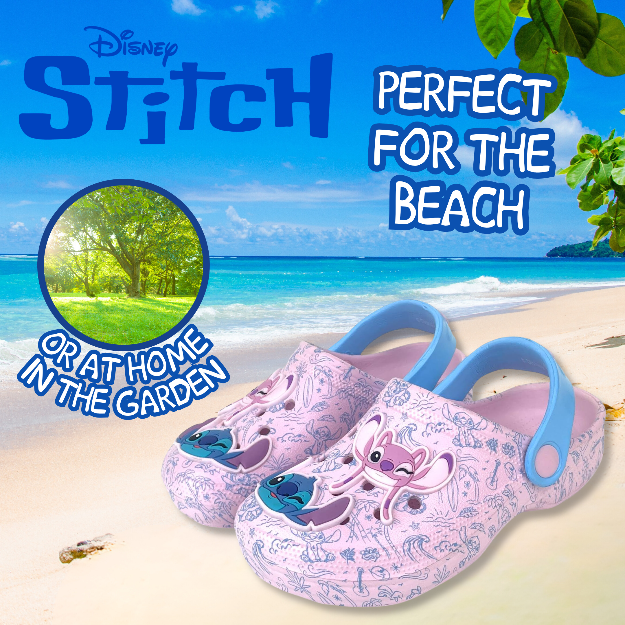 Girls Disney Stitch Clogs Sandals + Charms Kids Angel Summer Sliders Beach Shoes