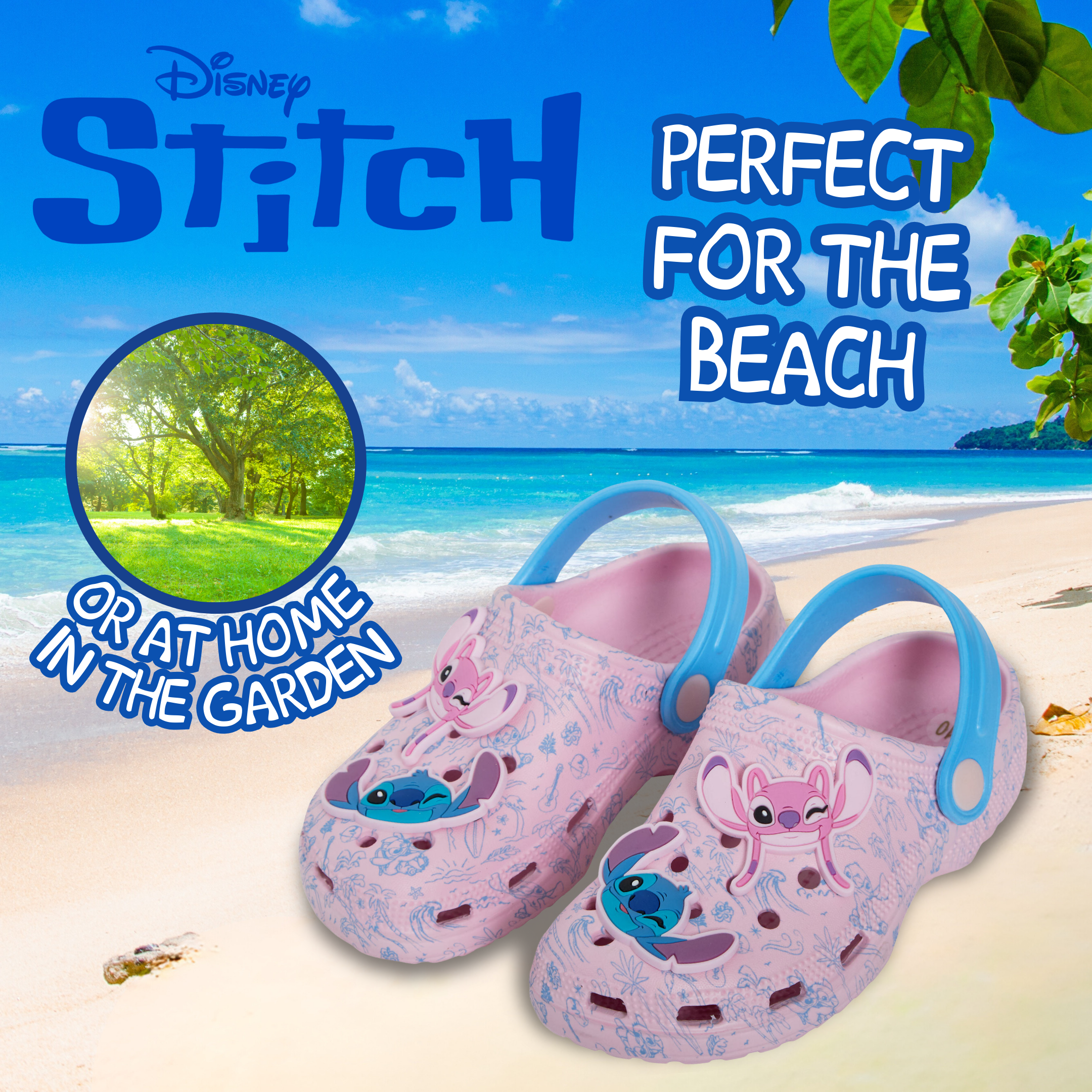 Girls Disney Stitch Clogs Sandals + Charms Kids Angel Summer Sliders Beach Shoes