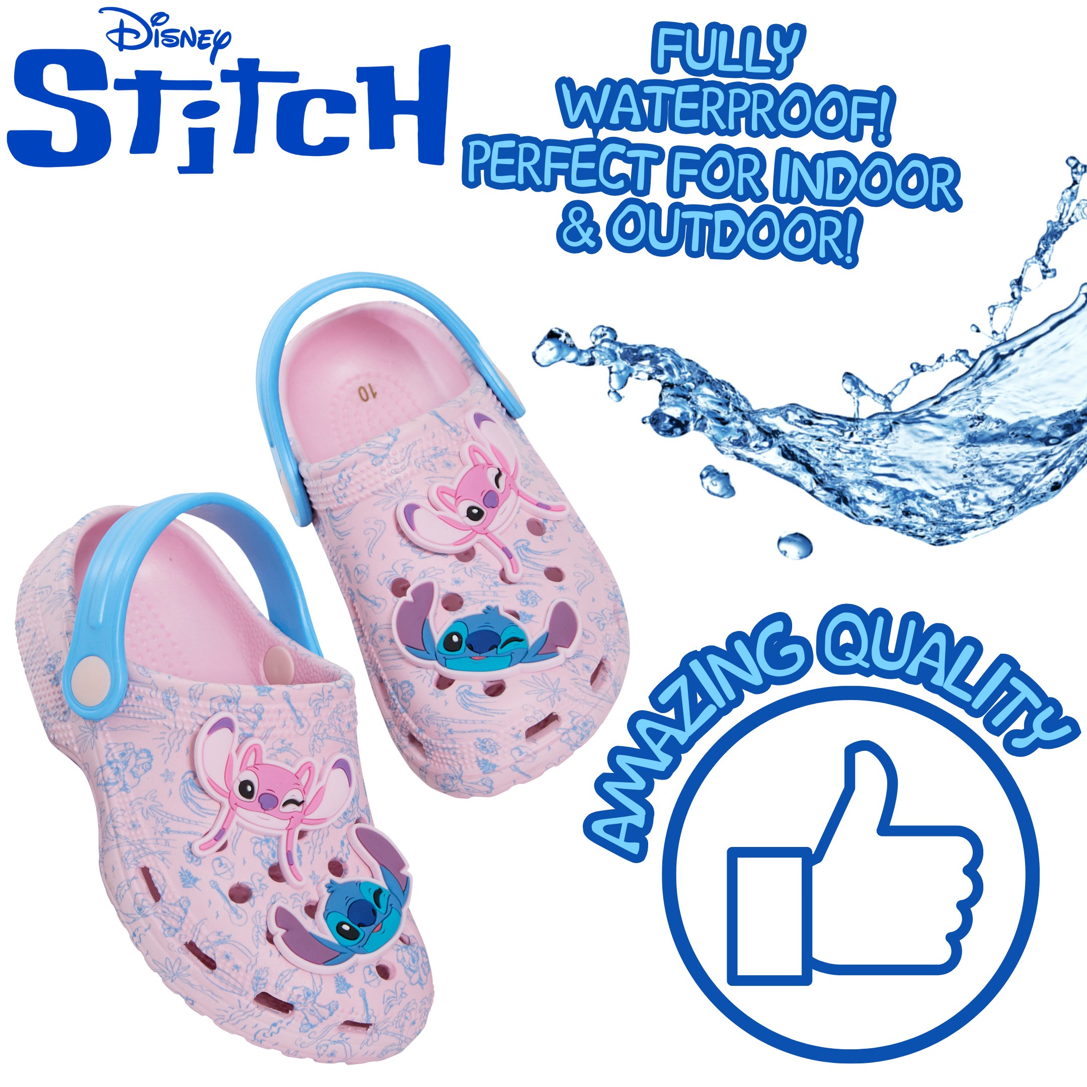 Girls Disney Stitch Clogs Sandals + Charms Kids Angel Summer Sliders Beach Shoes