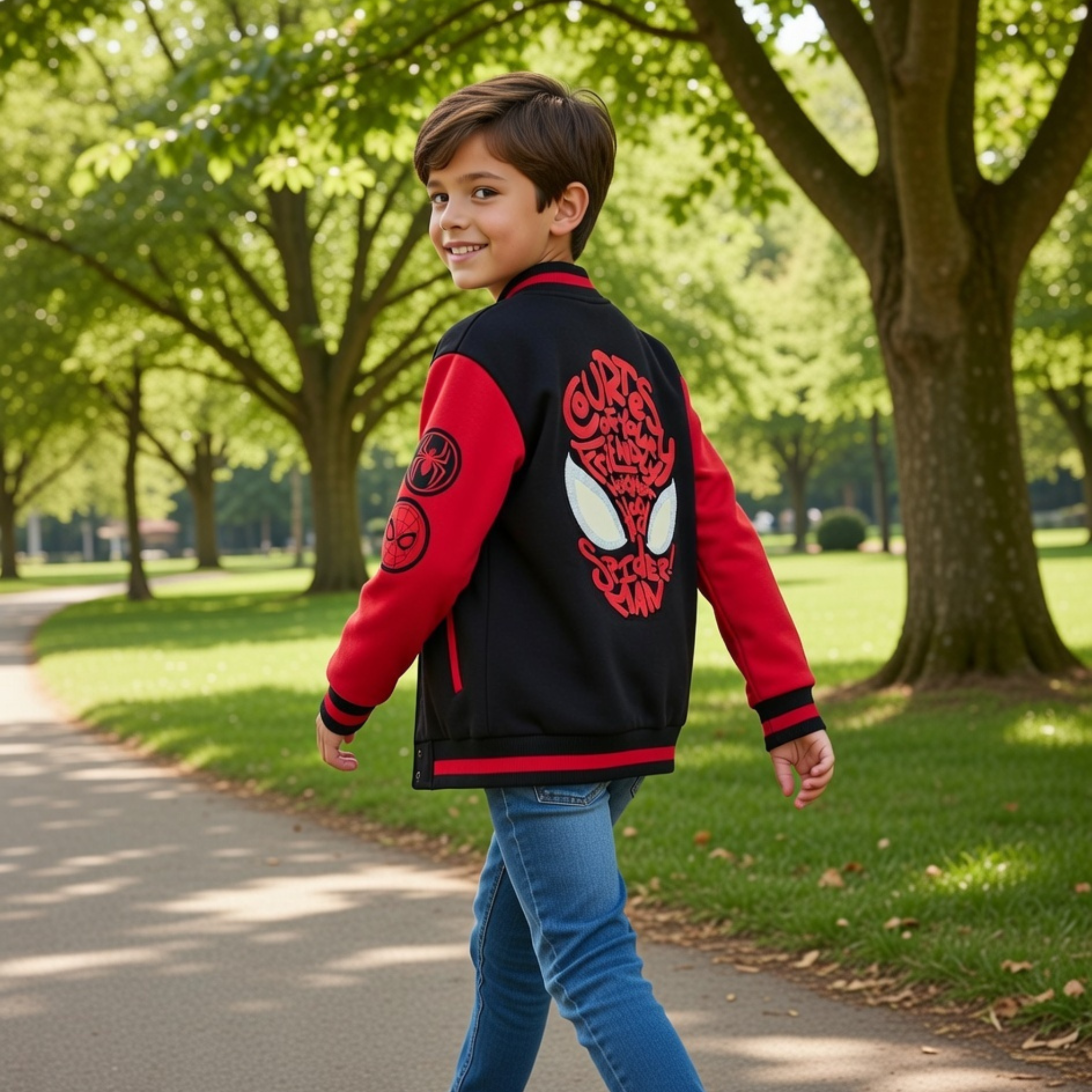 Boys Spiderman Varsity Jacket Glow in the Dark Eyes Marvel Spidey Bomber Jacket