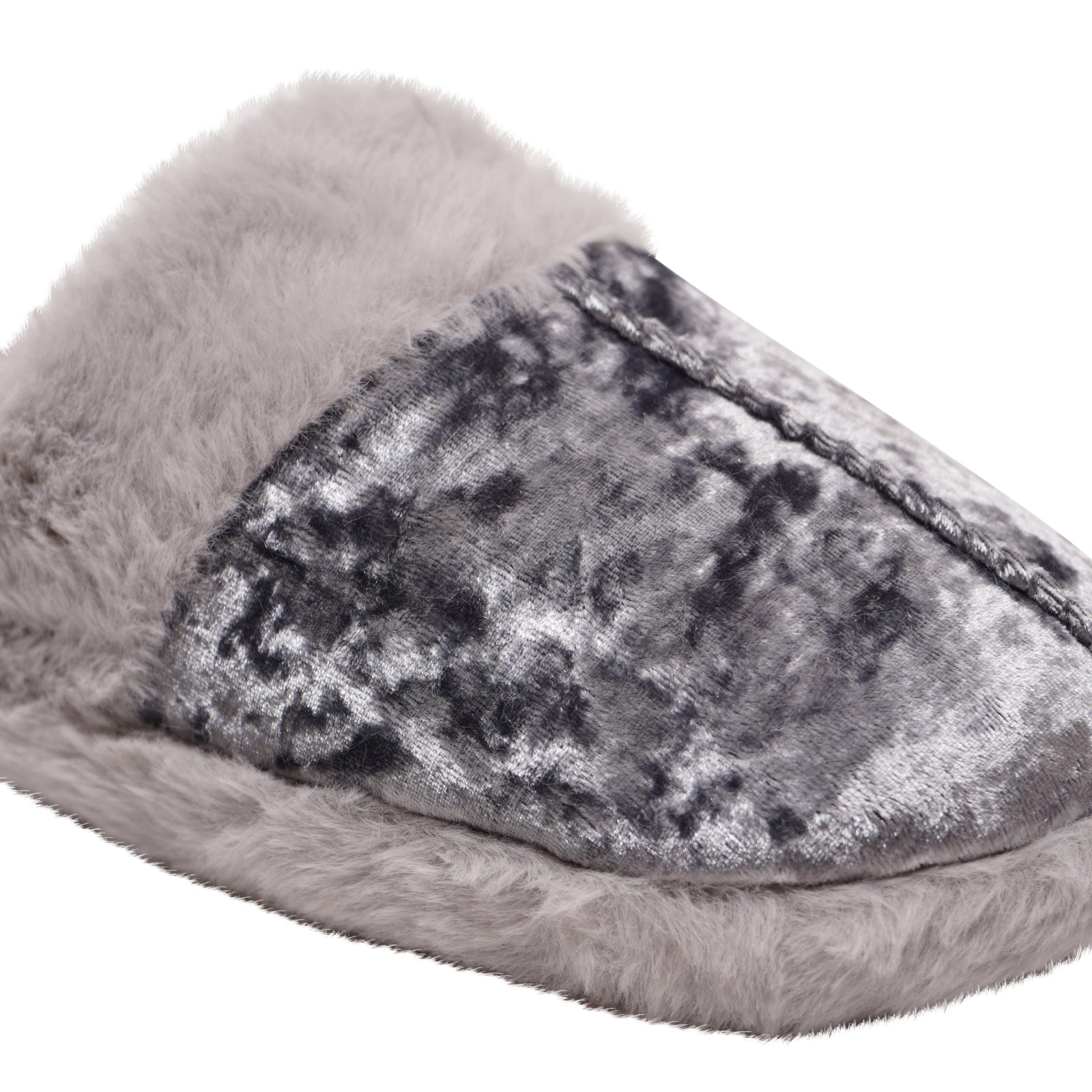 Womens Crushed Velvet Slippers Luxury Faux Fur Lined Ladies Grey Mules Shoes