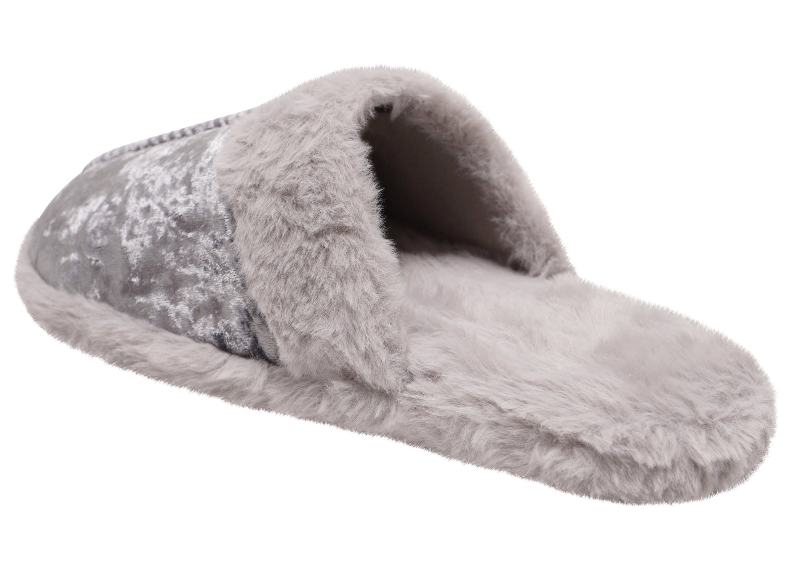 Womens Crushed Velvet Slippers Luxury Faux Fur Lined Ladies Grey Mules Shoes