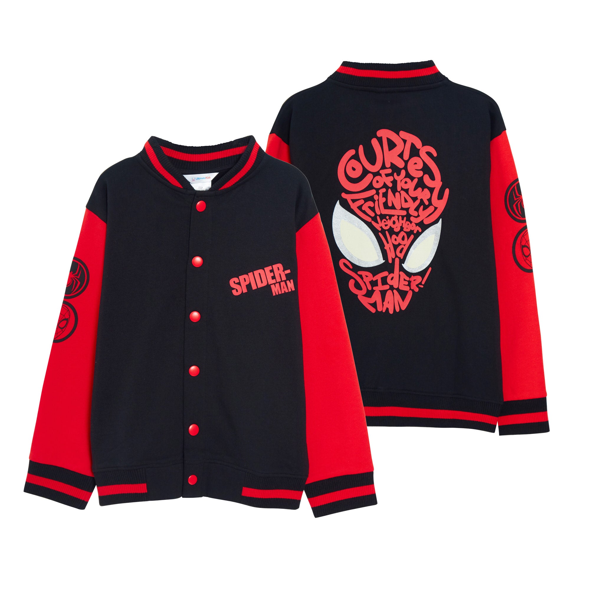 Boys Spiderman Varsity Jacket Glow in the Dark Eyes Marvel Spidey Bomber Jacket