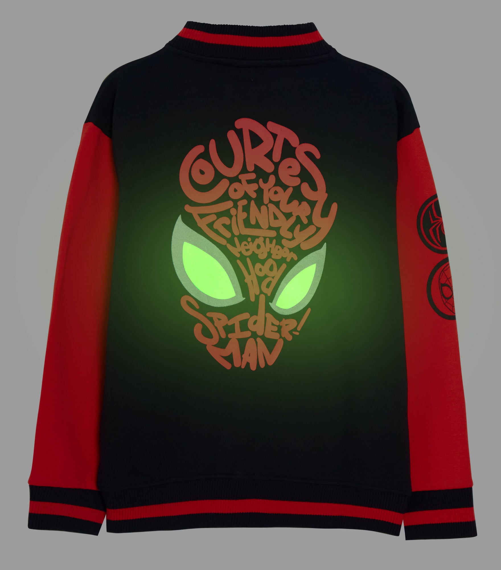 Boys Spiderman Varsity Jacket Glow in the Dark Eyes Marvel Spidey Bomber Jacket