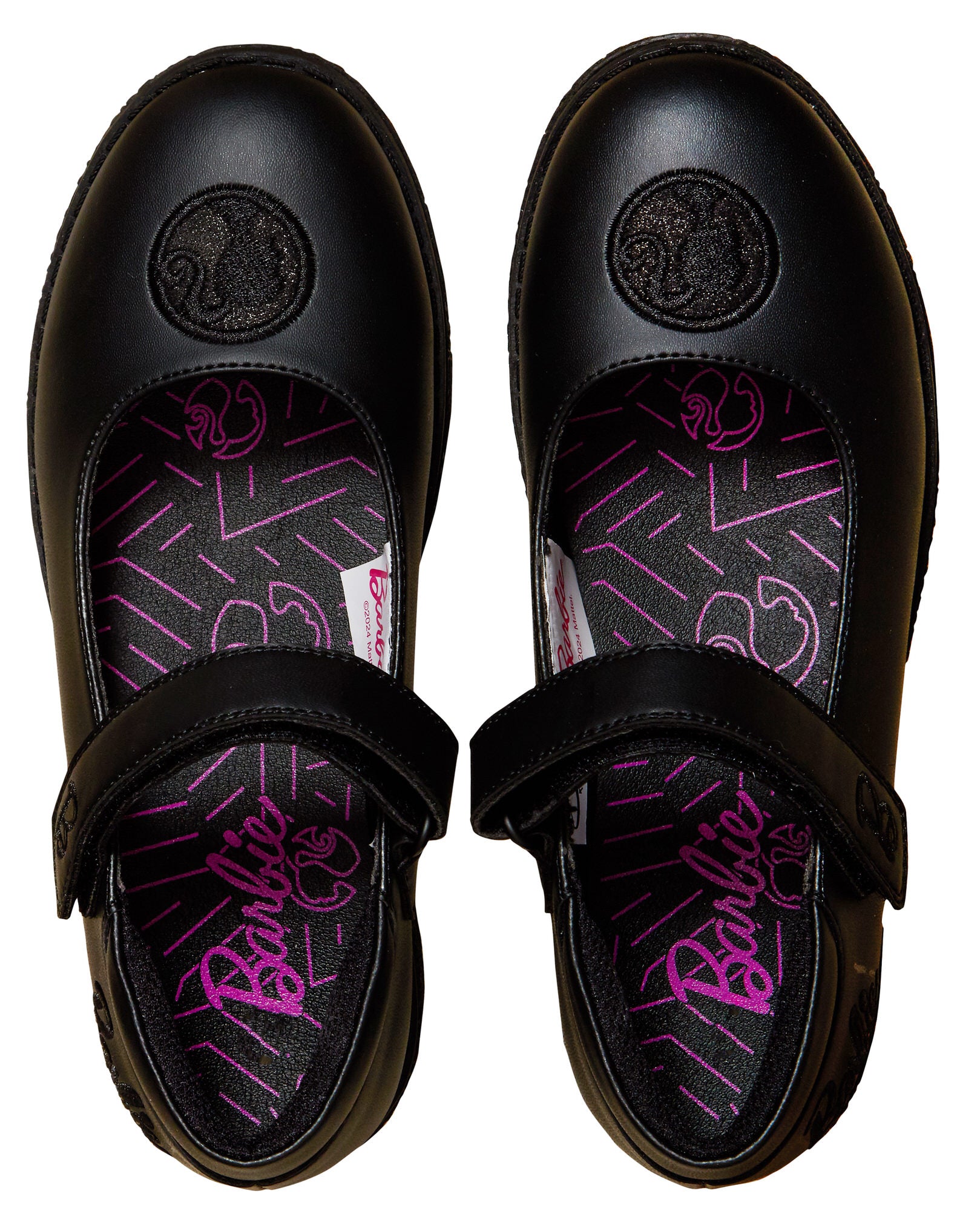Girls Barbie School Shoes Kids Chunky Sole Strong Black Easy Fasten Loafer Shoes