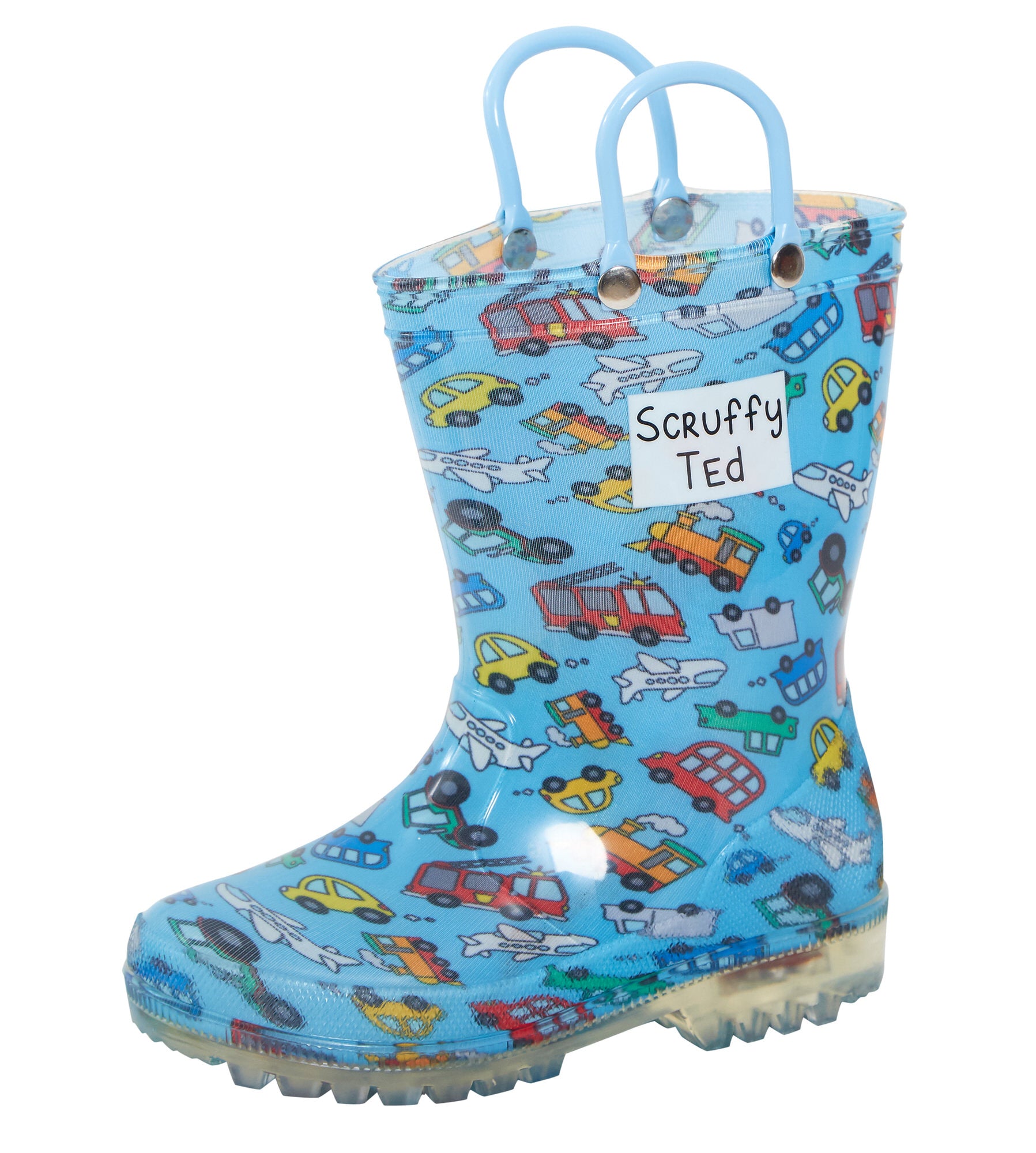 Kids Light Up Vehicle Wellington Boots Boys Blue Cars Wellies Rain Snow Shoes