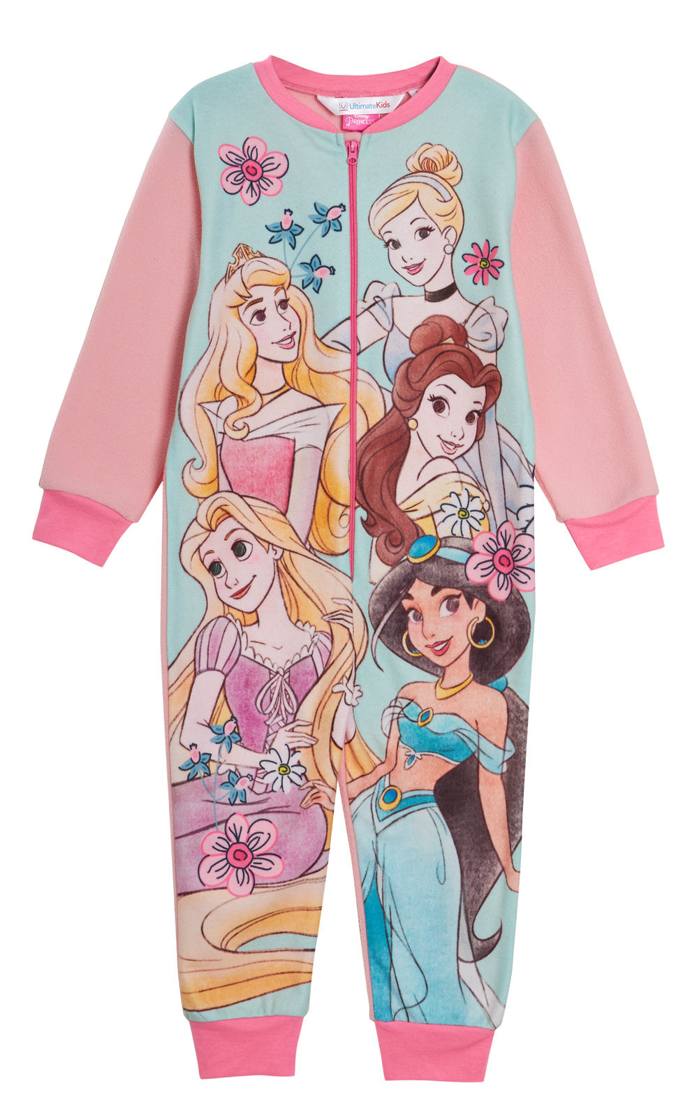 Disney Princess Girls All In One Pyjamas For Kids Fleece Pjs Zipped Nightwear