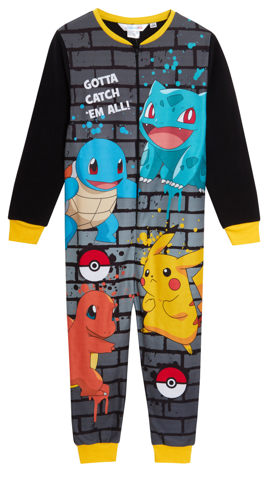 Kids Pokemon All In One Cosy Fleece Pjs Pikachu Pyjamas Zipped Boys Loungewear