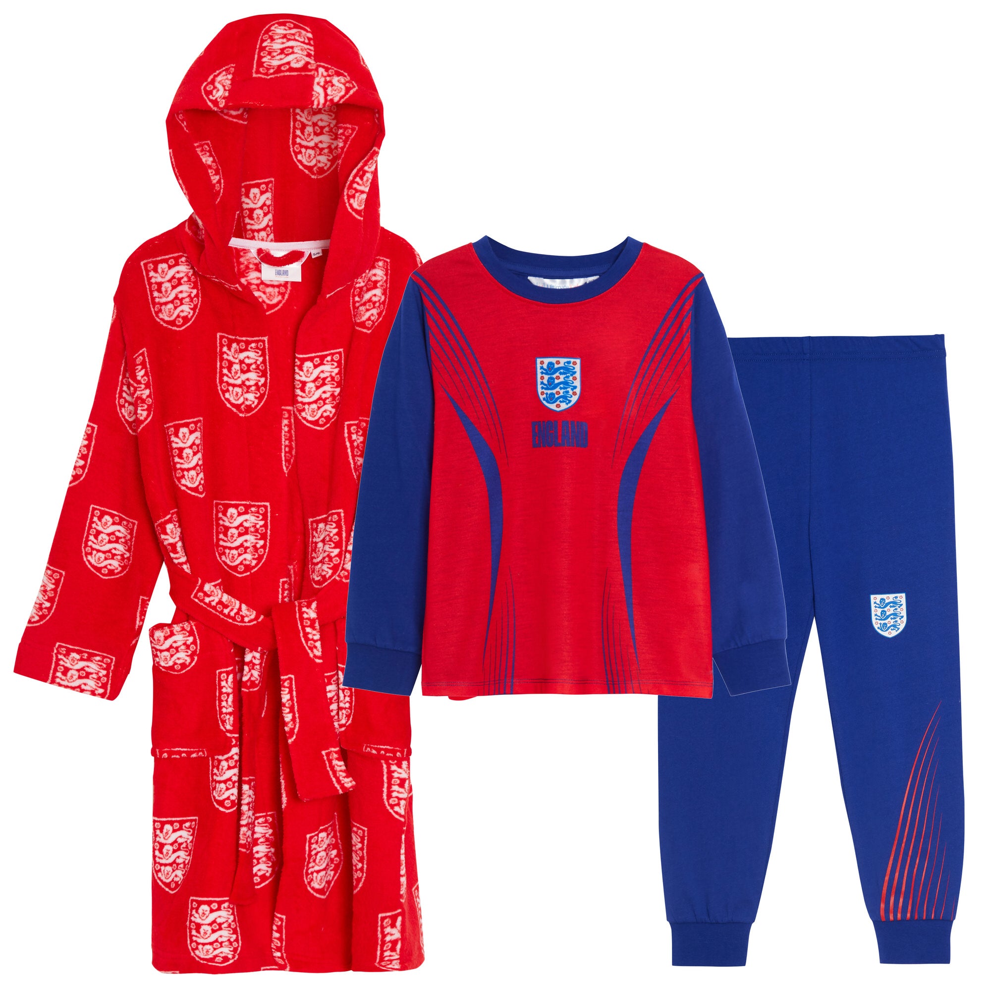Kids Official England Football Club Pyjamas + Hooded Dressing Gown 3 Piece Nightwear Set