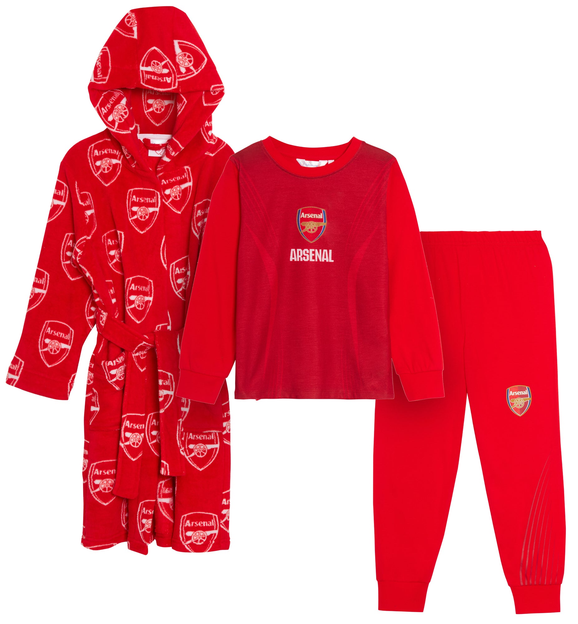 Kids Arsenal F.C. Pyjamas + Dressing Gown 3 Piece Nightwear Set Premier League Football Club Matching Robe Pjs Set